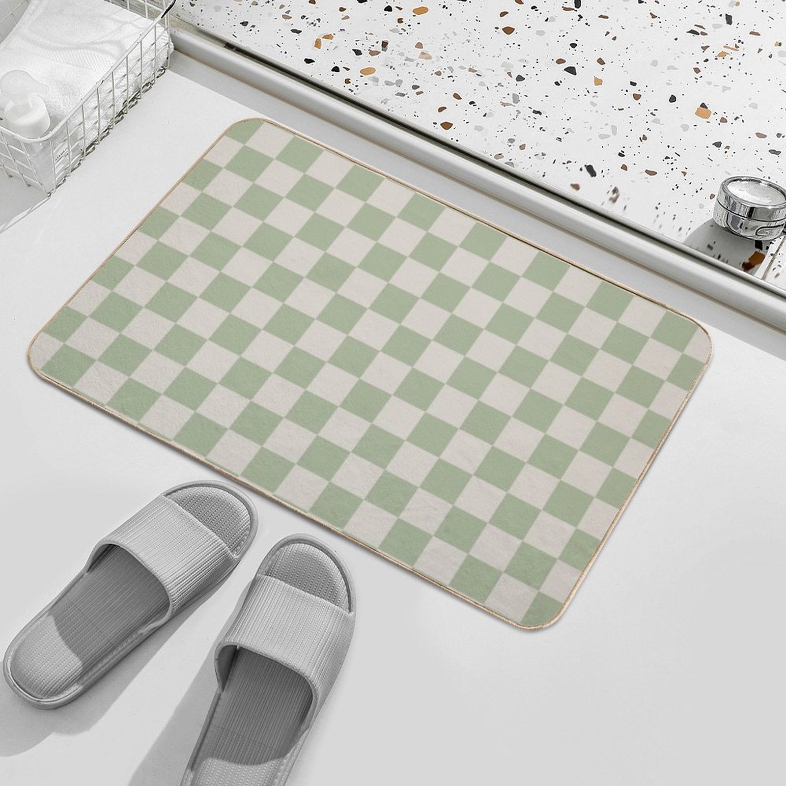 Checkerboard Check Checkered Pattern in Sage Green And Beige  Easy Maintenance Bath Mat