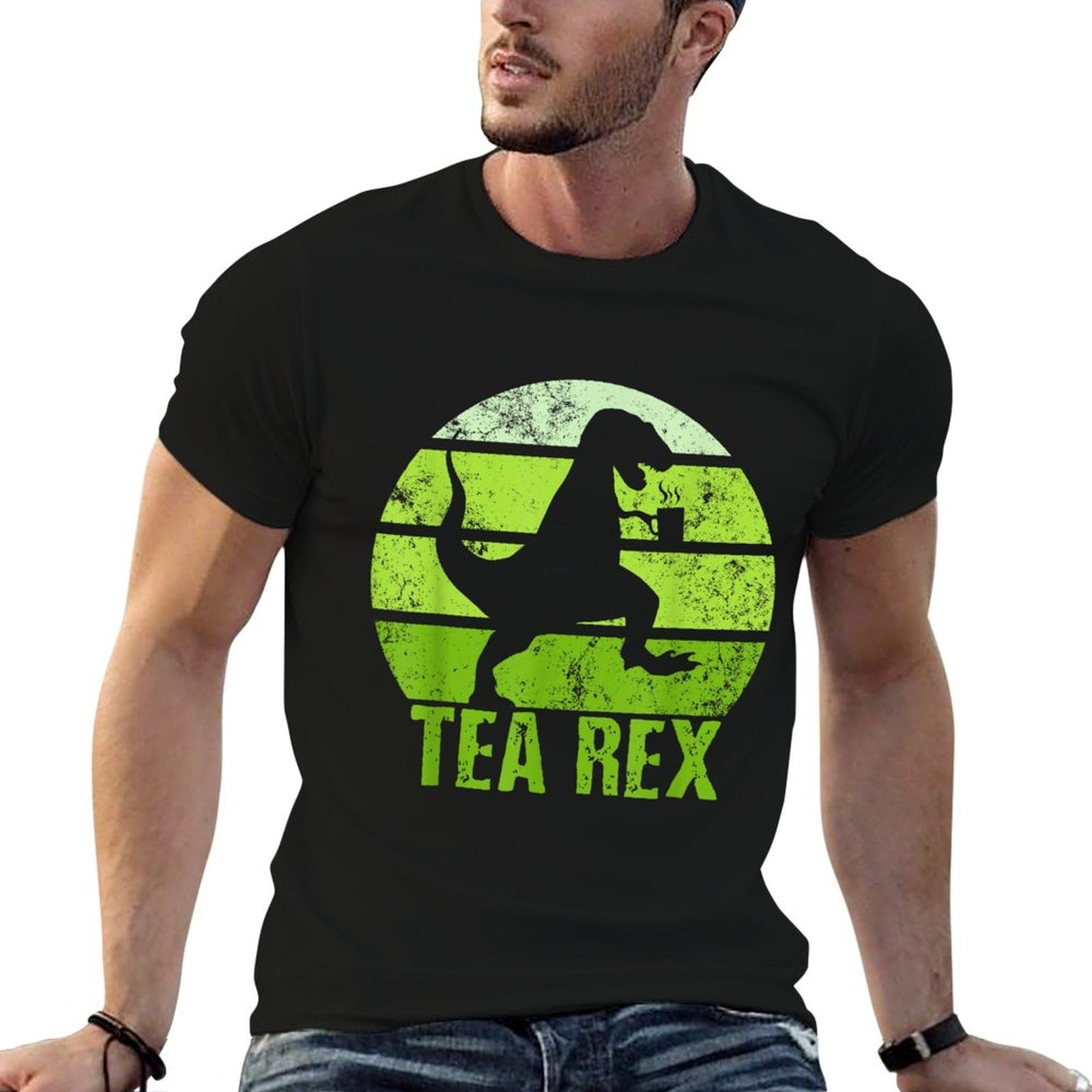 Tea Rex Retro Vintage T-rex Funny Dinosaurs Tea Party  Ribbed Collar T-Shirt