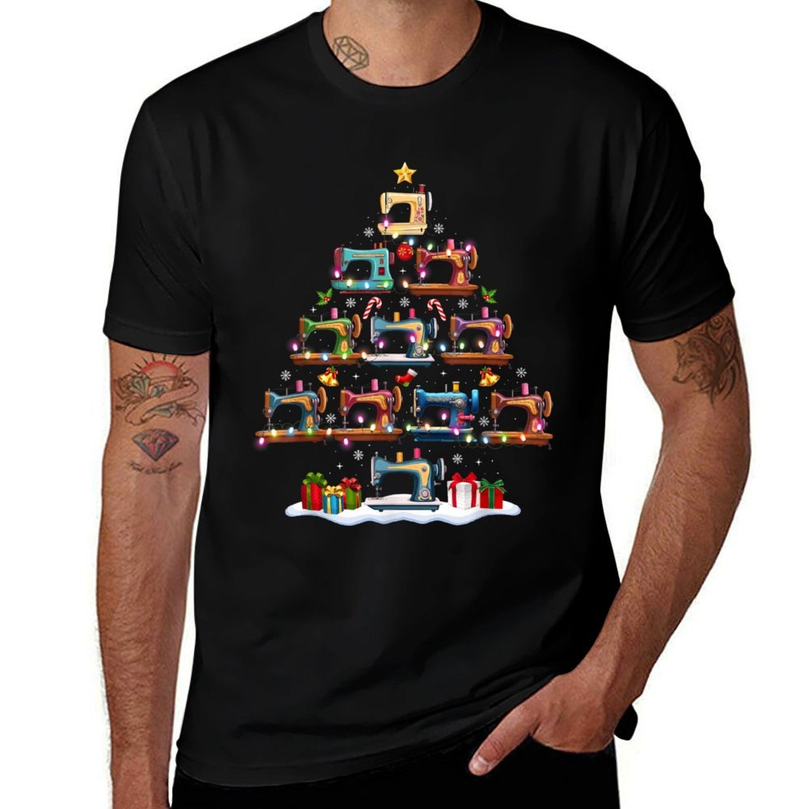 Sewing Machine Christmas Tree Lights Santa Hat Xmas Pajamas  Wrinkle-resistant T-Shirt