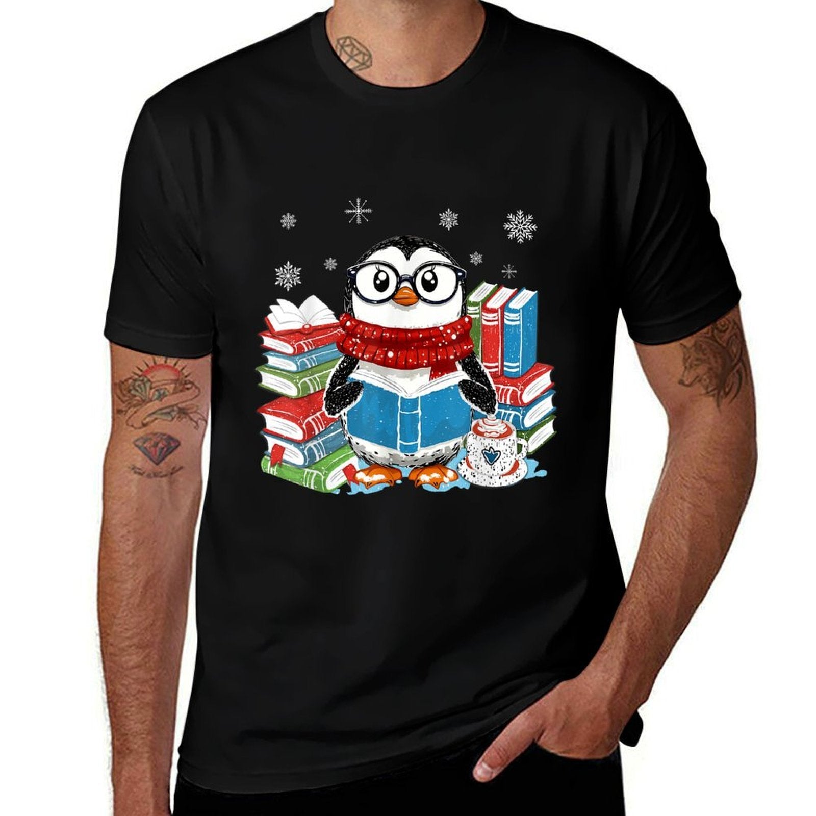 Christmas A Penguin Reading Book Snowflake Cocoa Hot Teacher  Rolled Sleeves T-Shirt