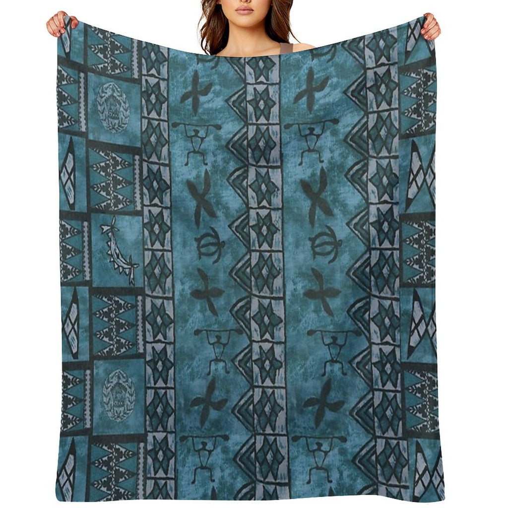 Vintage Hawaiian Tapa Ocean Blue Durable Throw Blanket