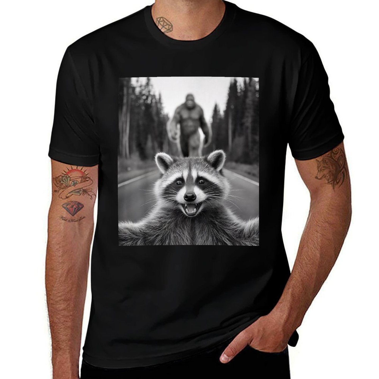 Scared Raccoon Selfie With Sasquatch Bigfoot , Funny Raccoon  Graphic-printed T-Shirt