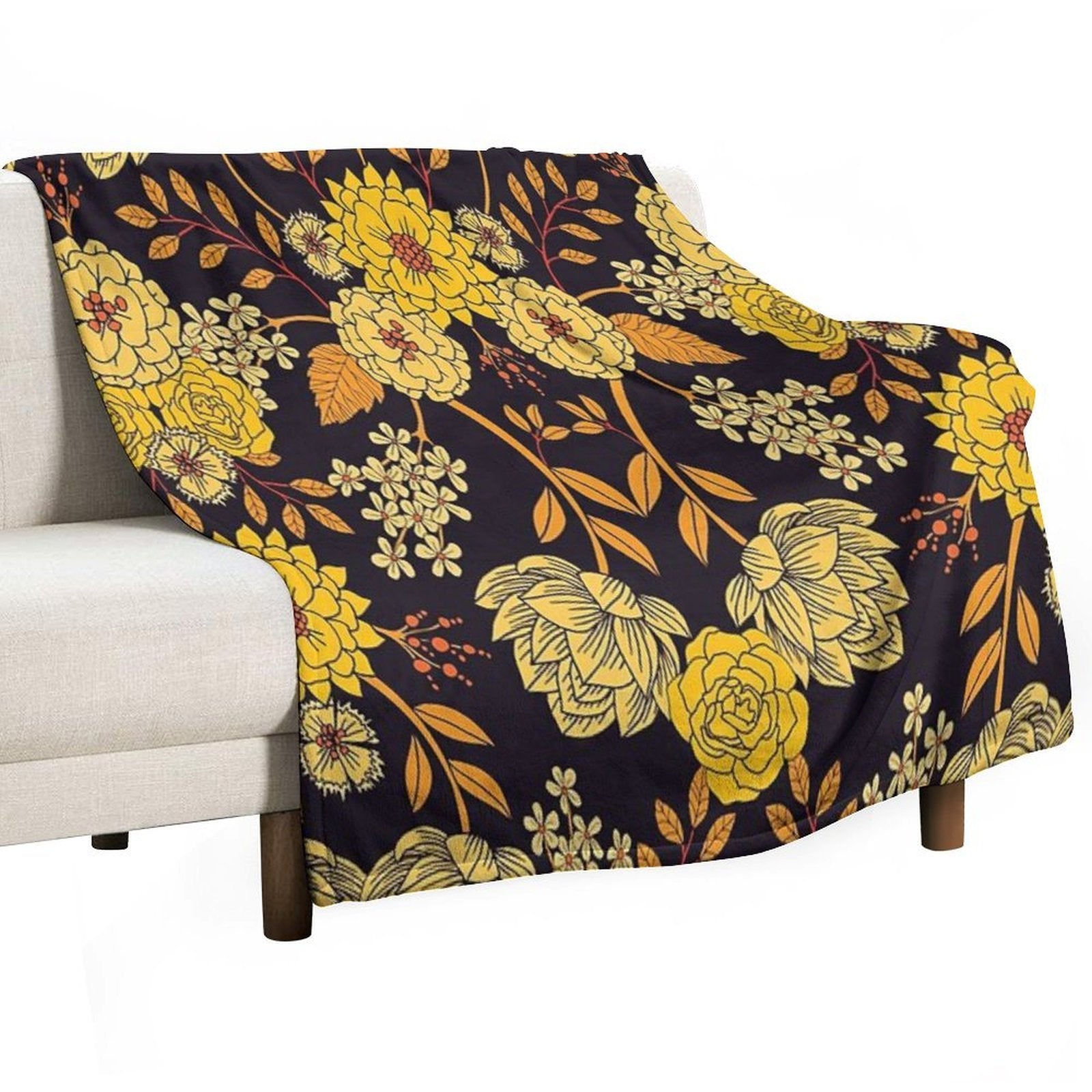 Yellow, Orange & Navy Blue Dark Floral Pattern Quick-dry Throw Blanket