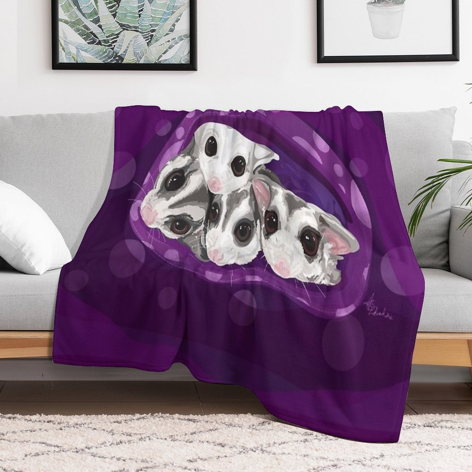 Adorable Sugar Glider Digital Artwork, Cuddle Gliders Wrinkle-free Throw Blanket