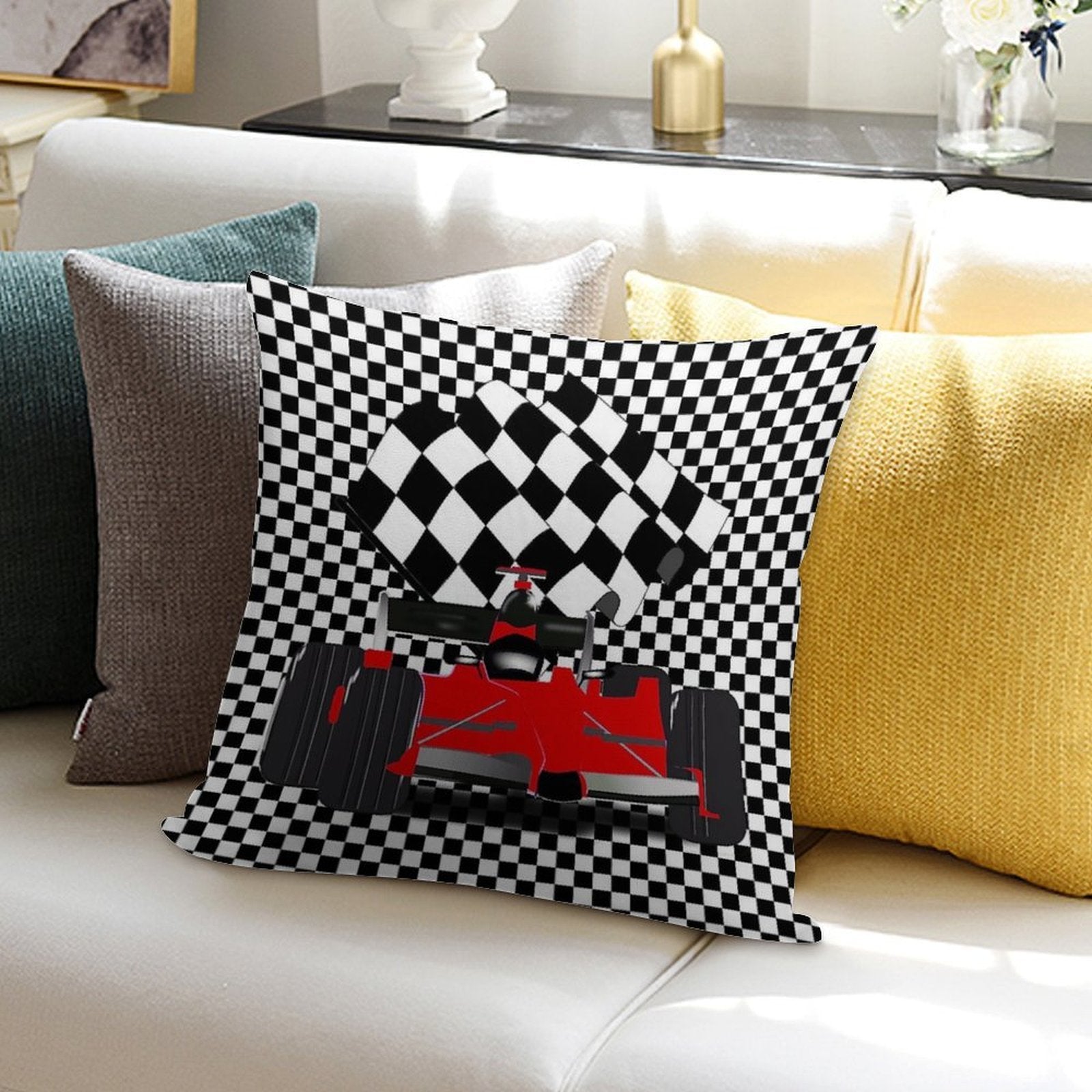 Red  Race Car with Checkered Flag Soft Shrink-Resistant Throw Pillow