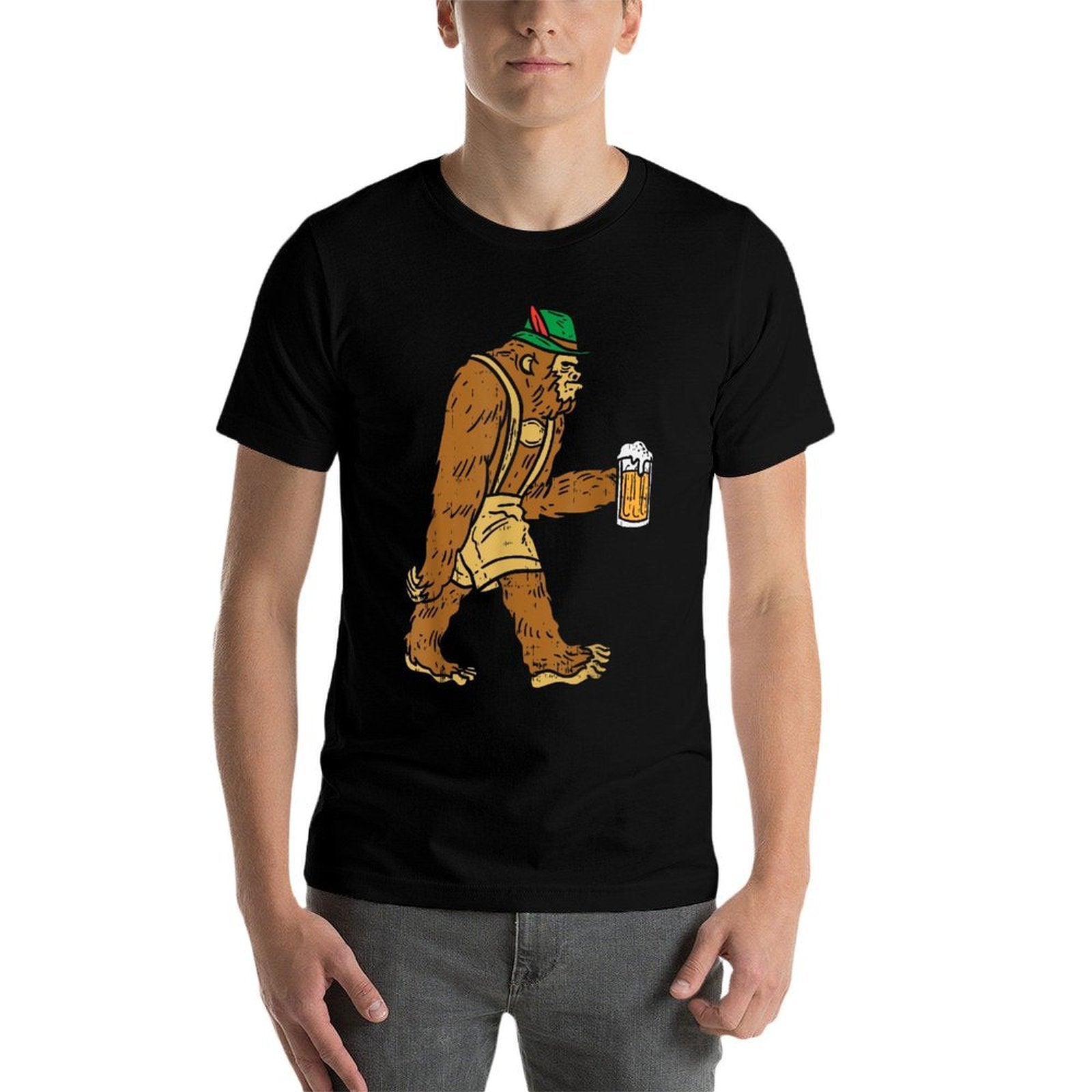 German Bigfoot Sasquatch Beer Lederhose Funny Oktoberfest  High-quality Stitching T-Shirt