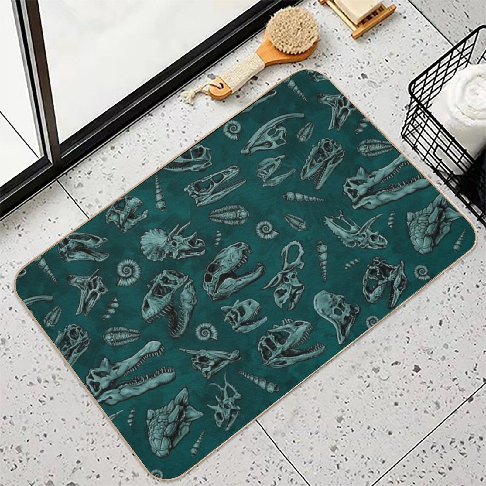Dinosaur Skull Sketch Tiled Pattern Green  Multi-Purpose Bath Mat