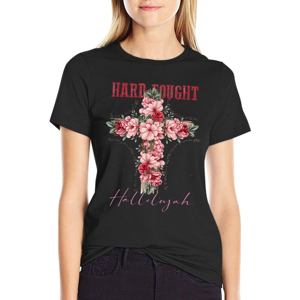 Floral Hard Fought Hallelujah Flowers Christian Cross Lord  Heathered Texture T-Shirt
