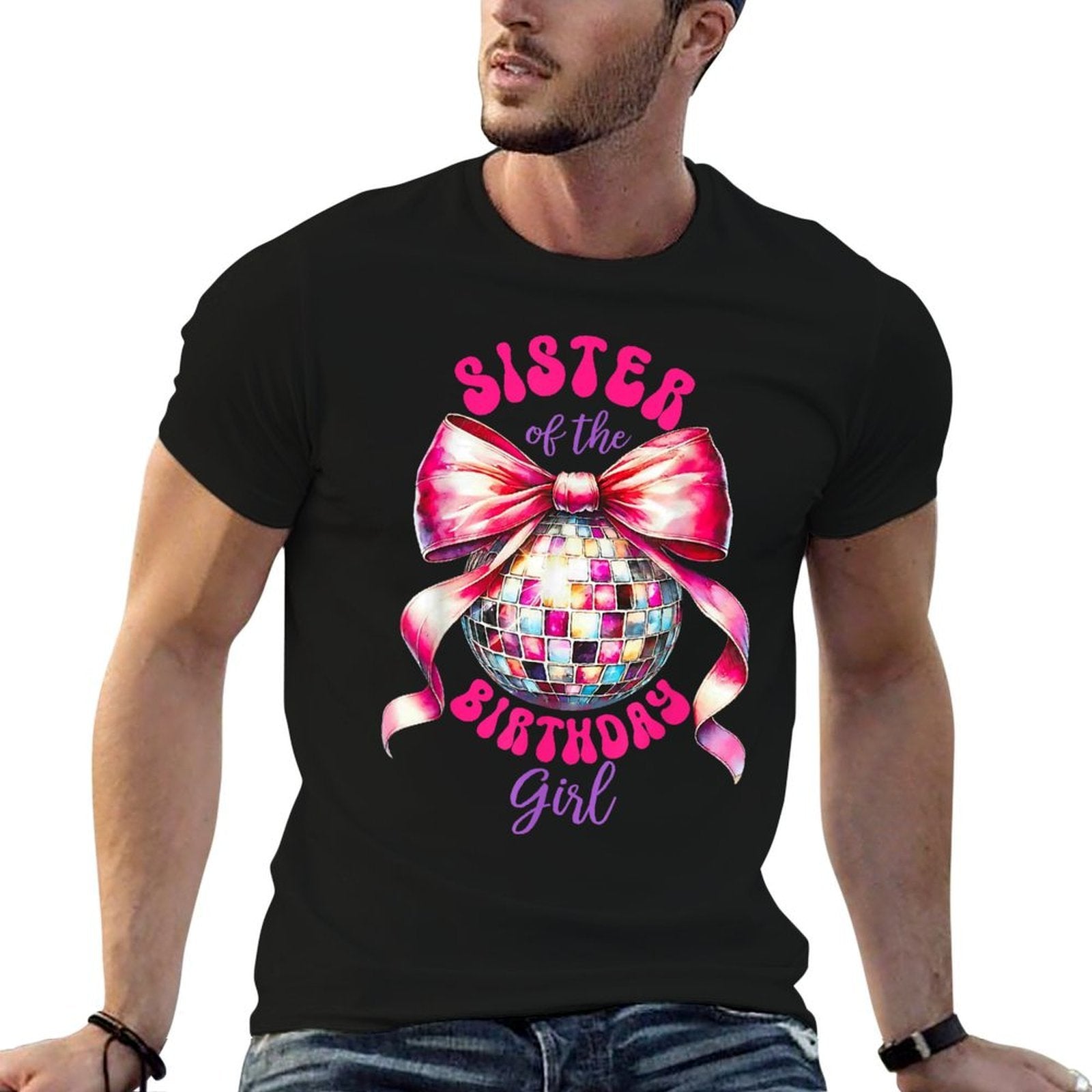 Sister Of The Birthday Girl Family Pink Coquette Bow Disco  Vintage-inspired T-Shirt