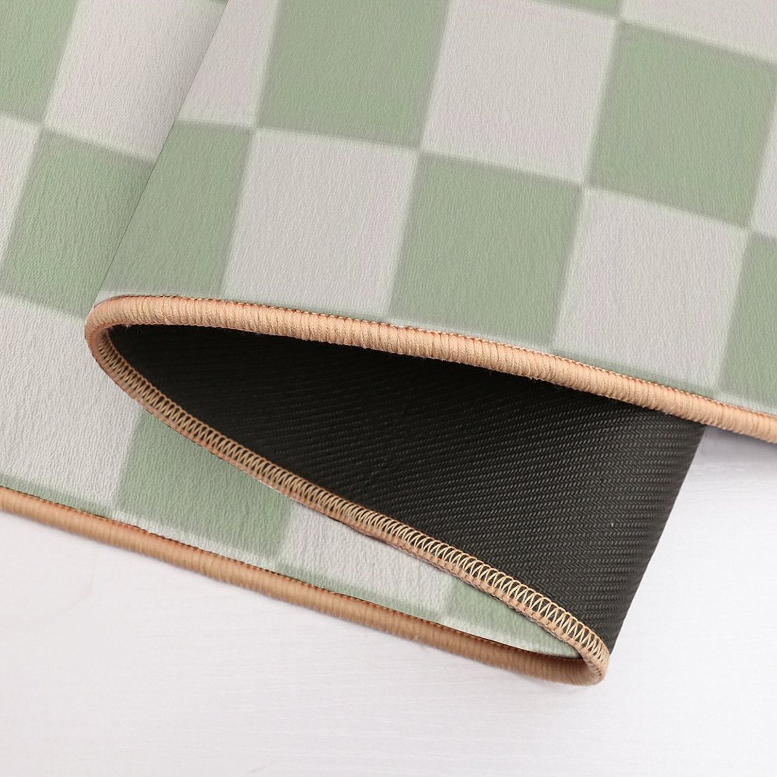 Checkerboard Check Checkered Pattern in Sage Green And Beige  Easy Maintenance Bath Mat