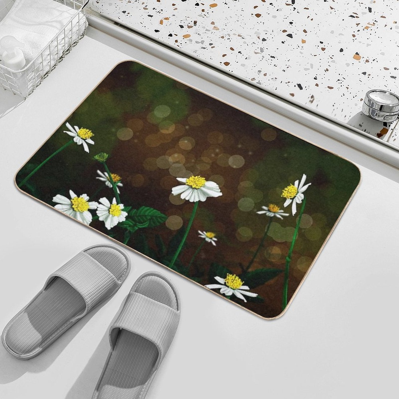 White Flowers  Easy Maintenance Bath Mat