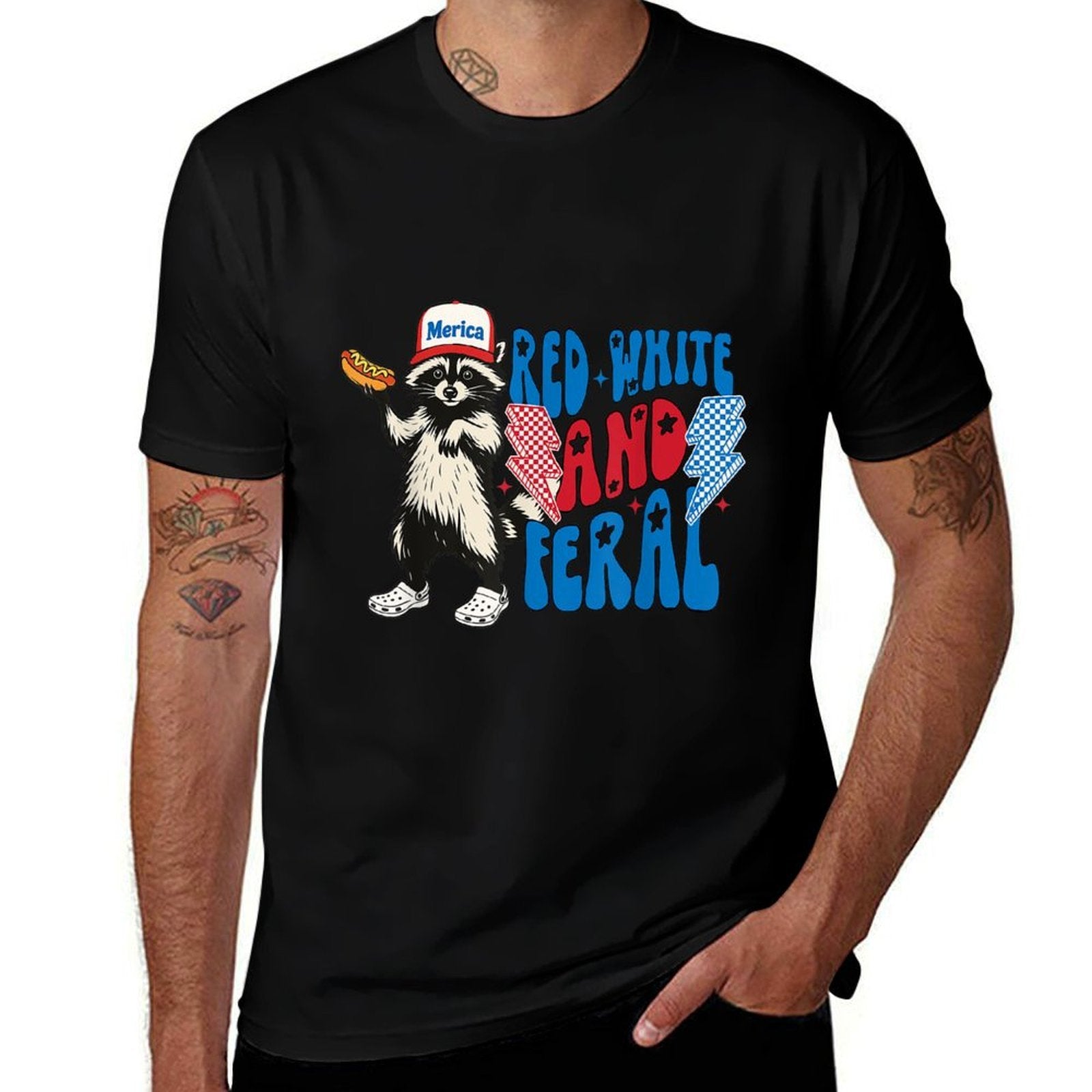 Red White And Feral Funny Raccoon 4th of July Saying Meme  Relaxed-fit T-Shirt