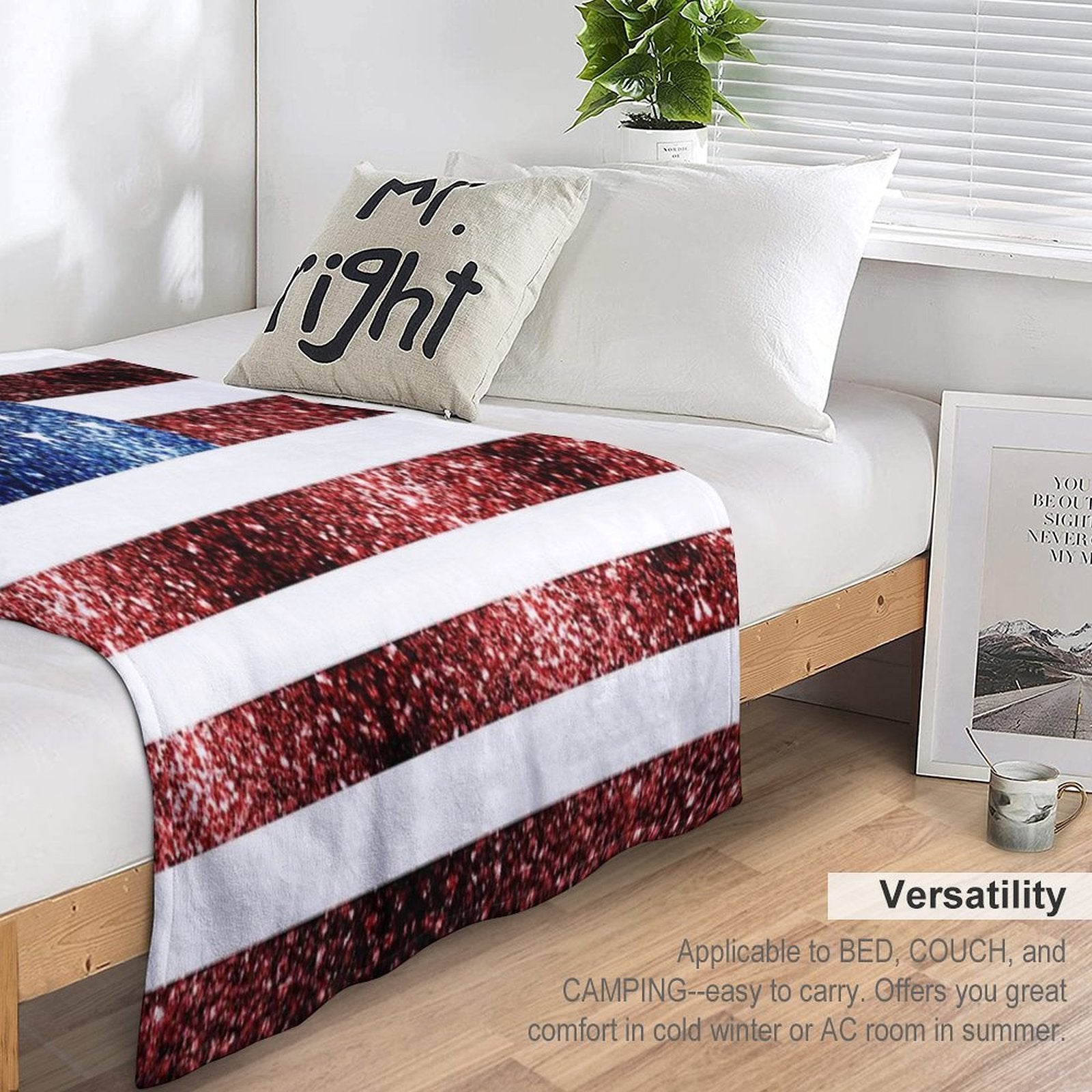 USA Flag Red Blue Faux Sparkles Glitters 4th of July Patriotic Girly Design (Photo of Glitter - Not Reflective) All-season Throw Blanket