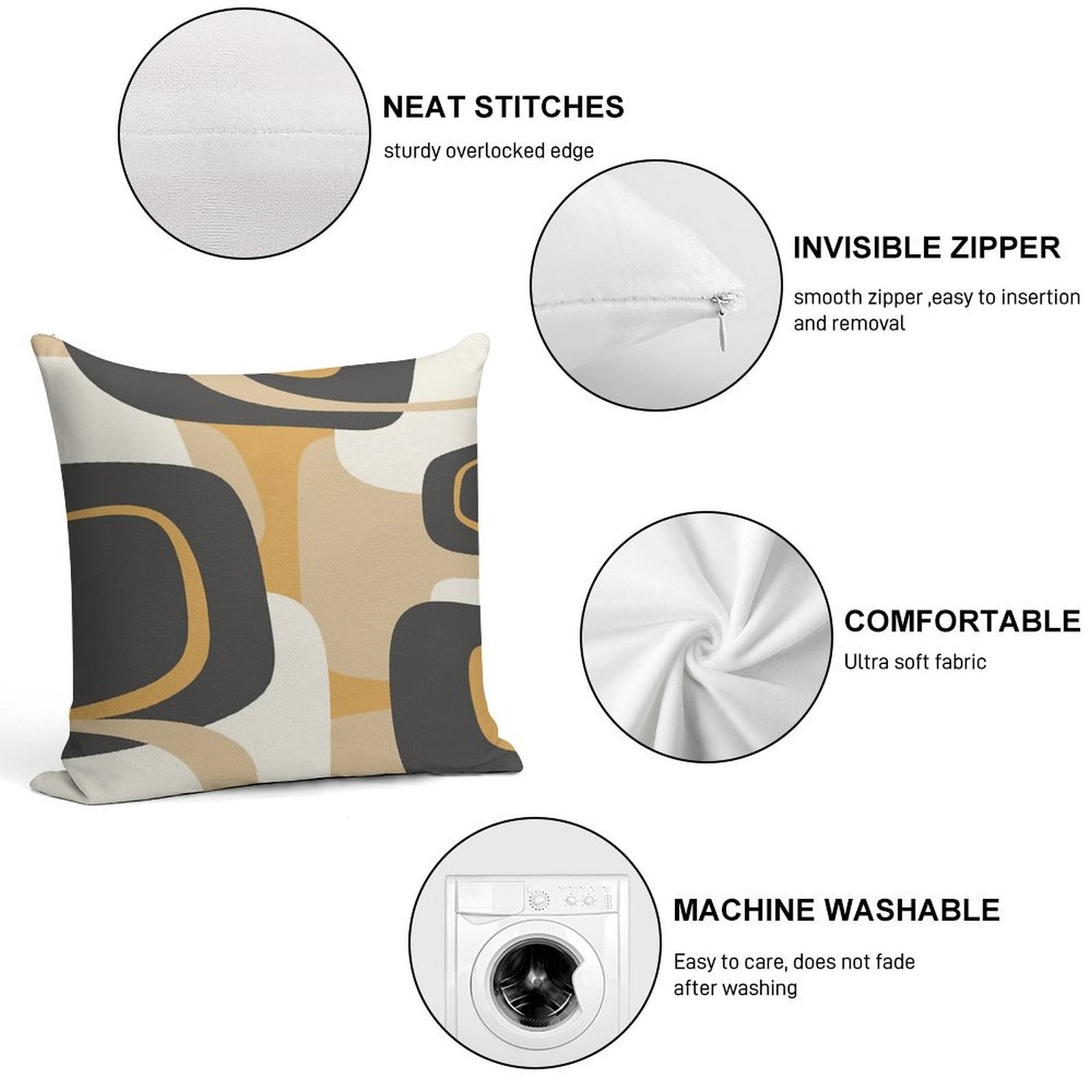 Mid Century Modern Retro Abstract Pattern Muted Charcoal And Ochre Beige Soft Bedroom Essential Throw Pillow