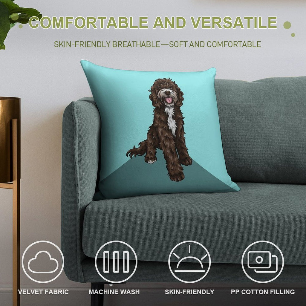 Sproodle  Cute Dog Art  Turquoise Background Soft Reinforced Edging Throw Pillow