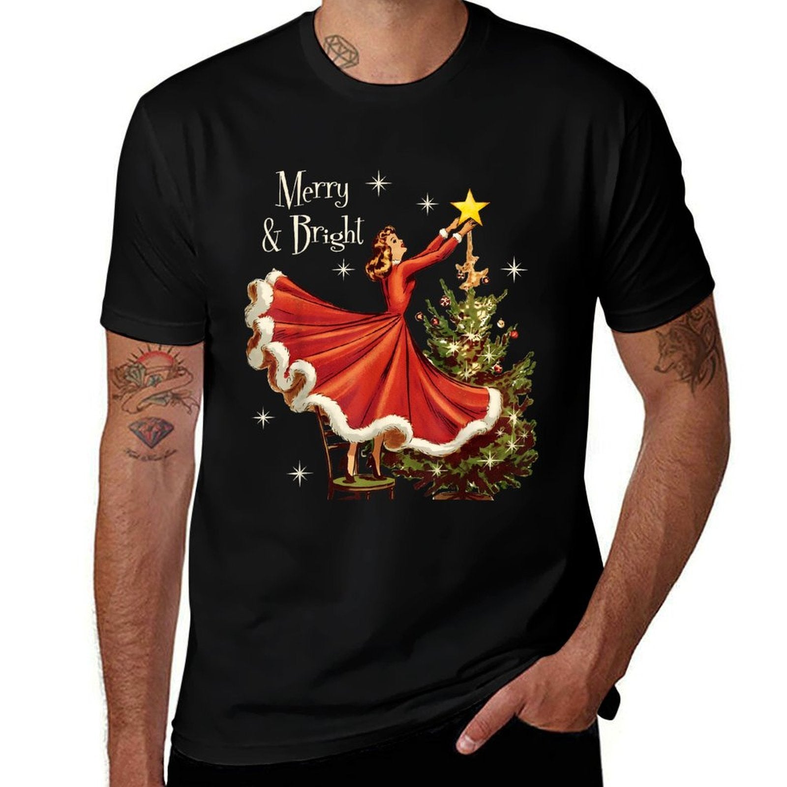 Vintage Merry And Bright Christmas 1950 Girl Decorating Tree  Easy-care T-Shirt