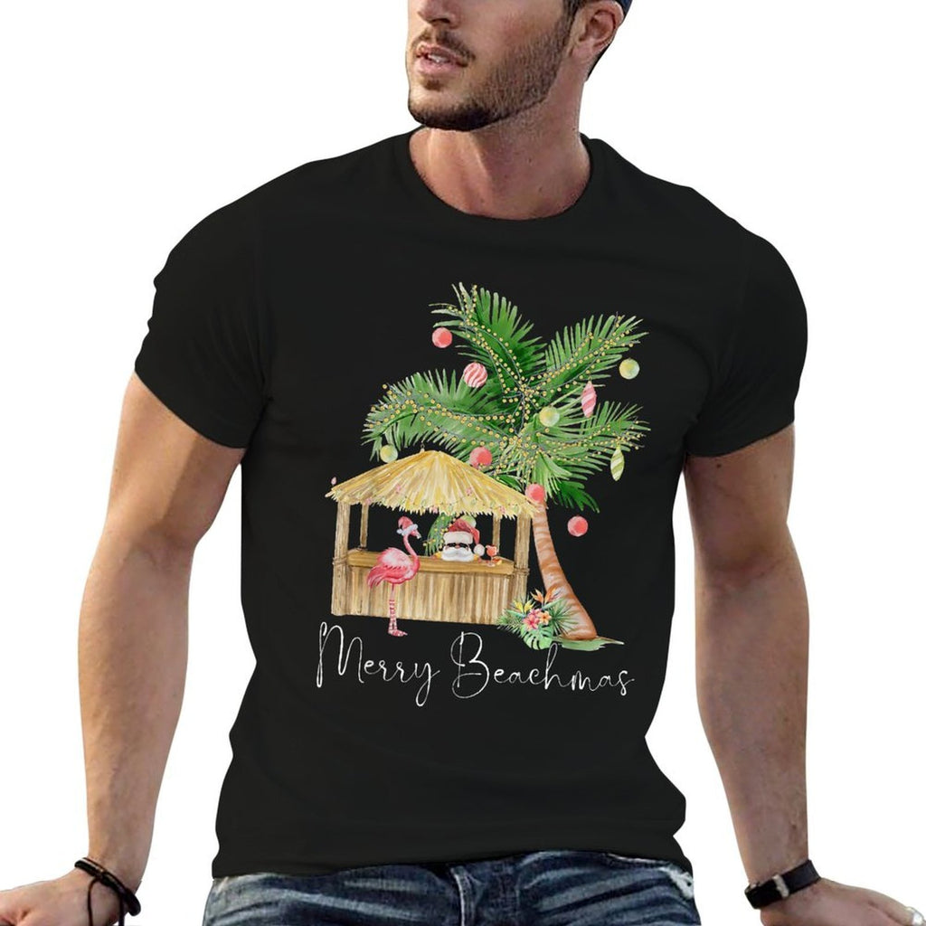 Merry Beachmas Hawaiian Pink Flamingo Palm Tree Christmas Men Women Kids  Summer-ready Fabric T-Shirt