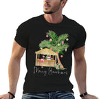 Merry Beachmas Hawaiian Pink Flamingo Palm Tree Christmas Men Women Kids  Summer-ready Fabric T-Shirt