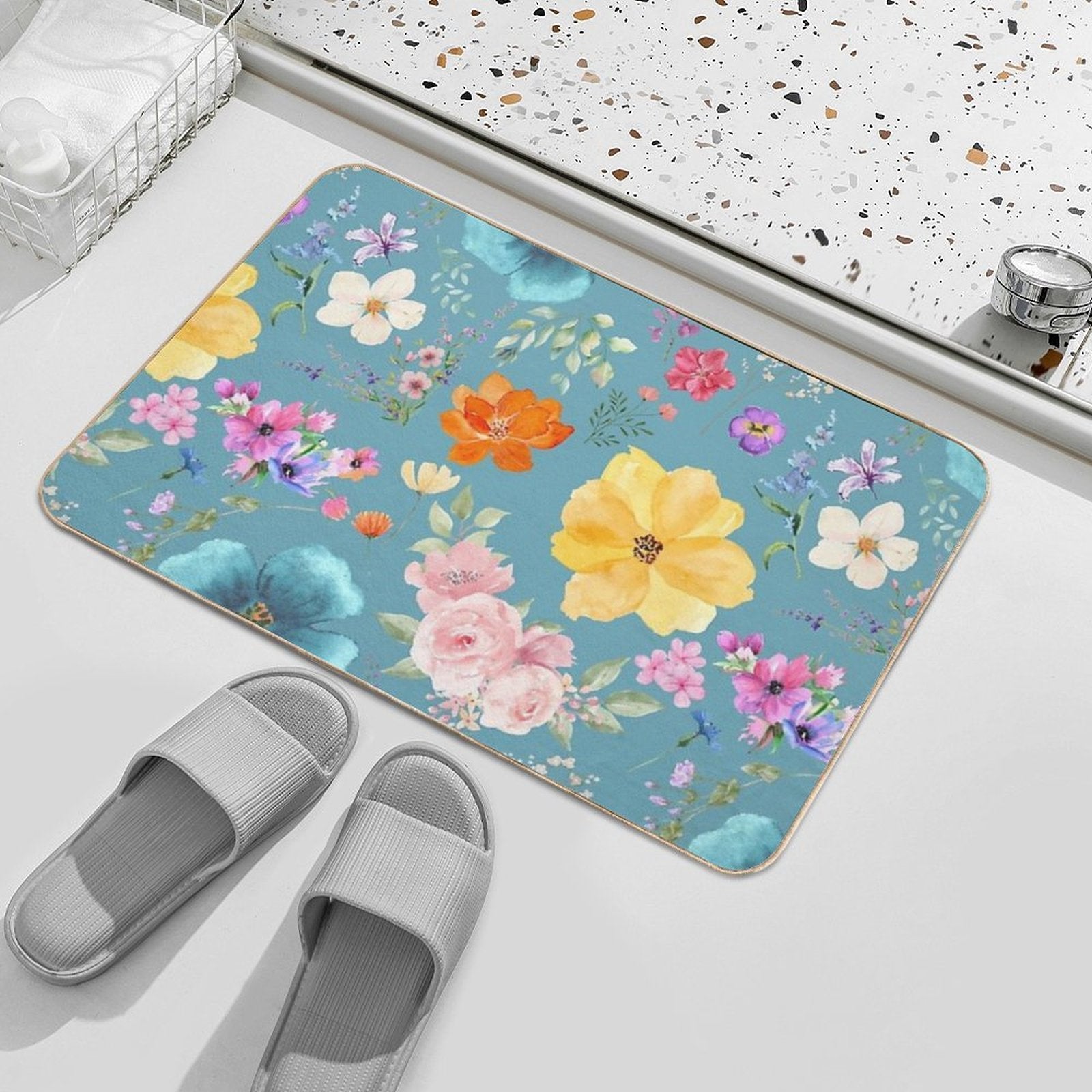 Teal Watercolor Floral Pattern  Anti-Trip Bath Mat