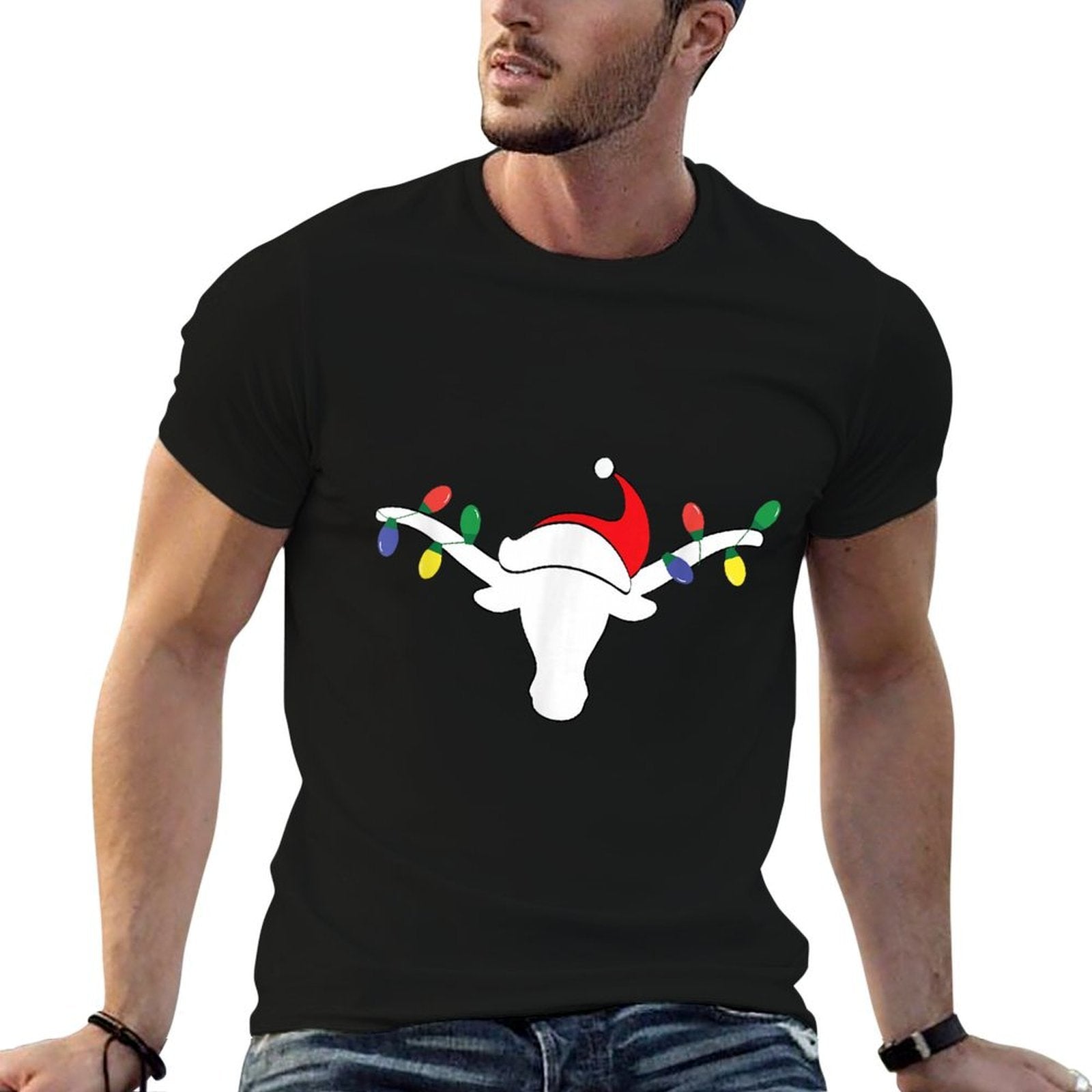 White Longhorn Christmas Lights Santa Hat Horn Antlers  Vintage-inspired T-Shirt