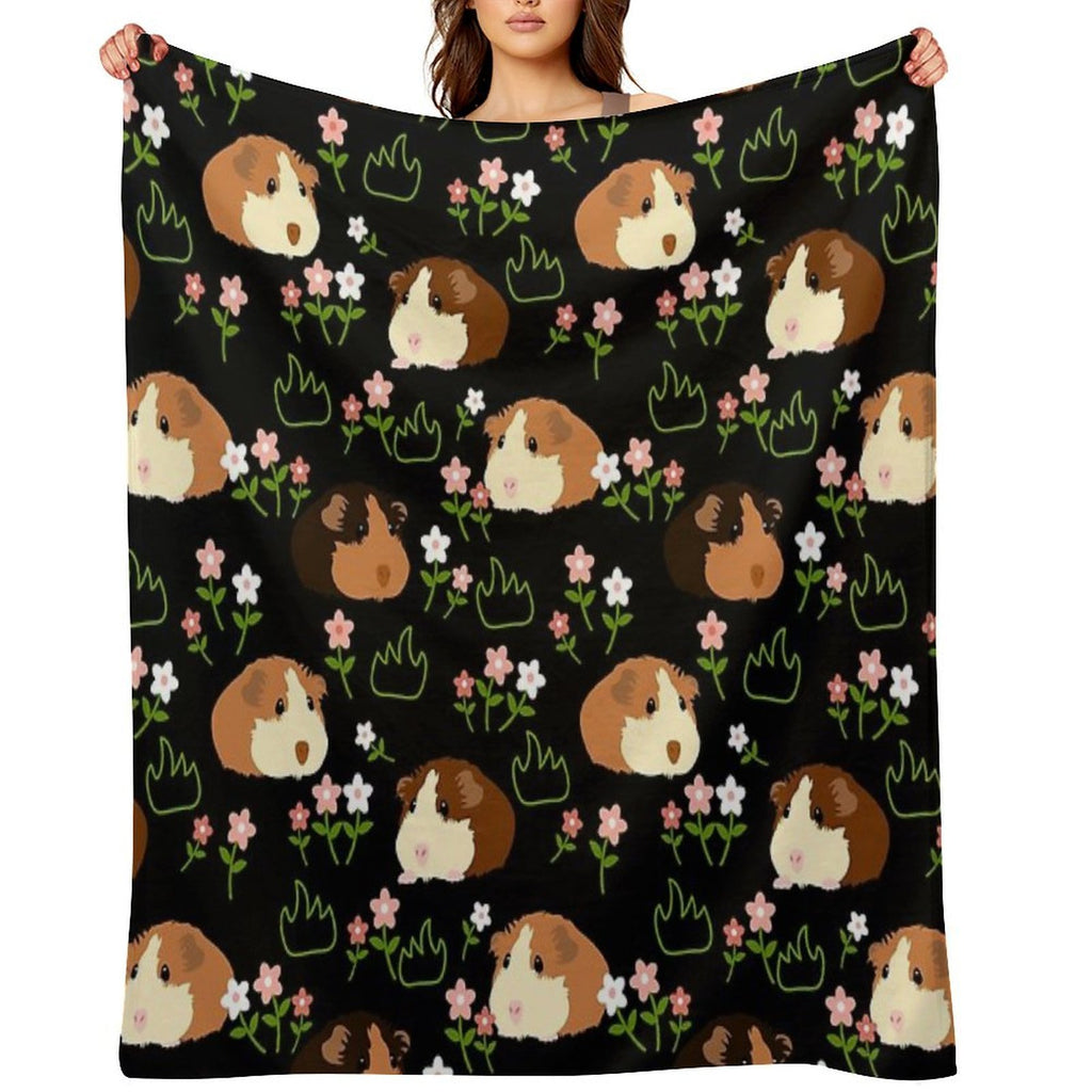 Guinea Pig And Flowers - Black Machine-washable Throw Blanket