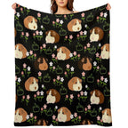 Guinea Pig And Flowers - Black Machine-washable Throw Blanket