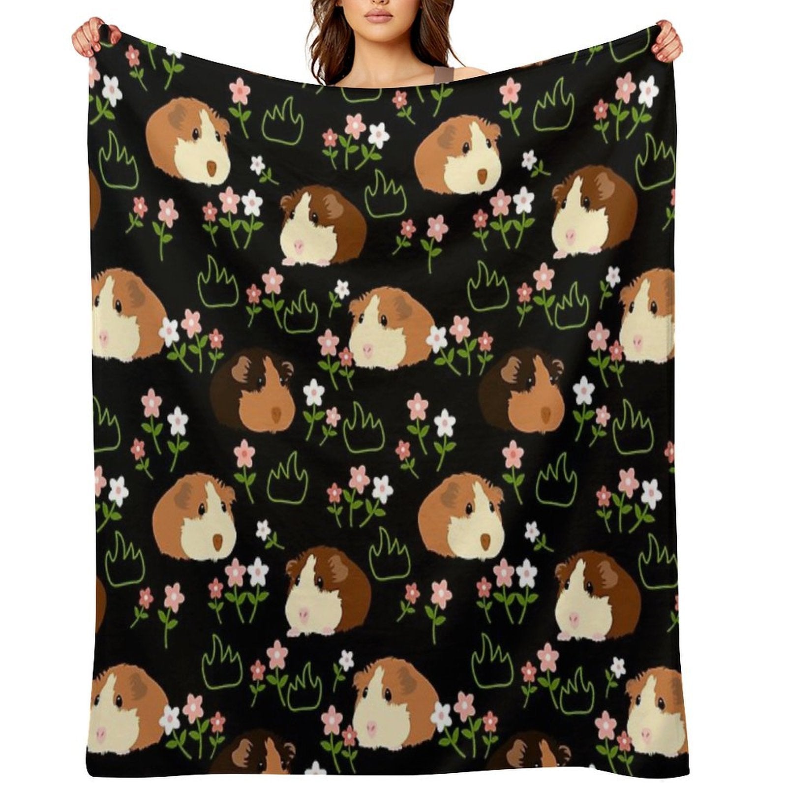 Guinea Pig And Flowers - Black Machine-washable Throw Blanket