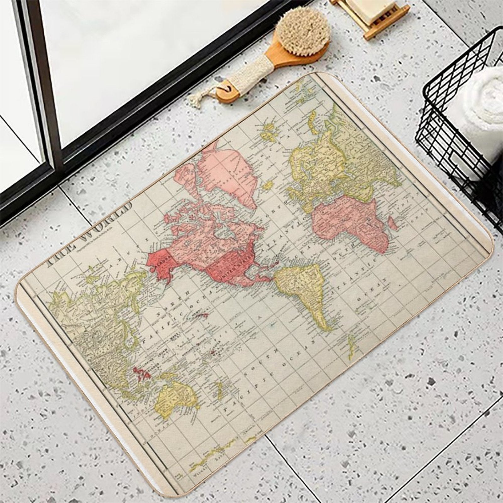 Vintage Historical Detailed Red Yellow Color USA Centric World Map Boho  High-Traffic Bath Mat