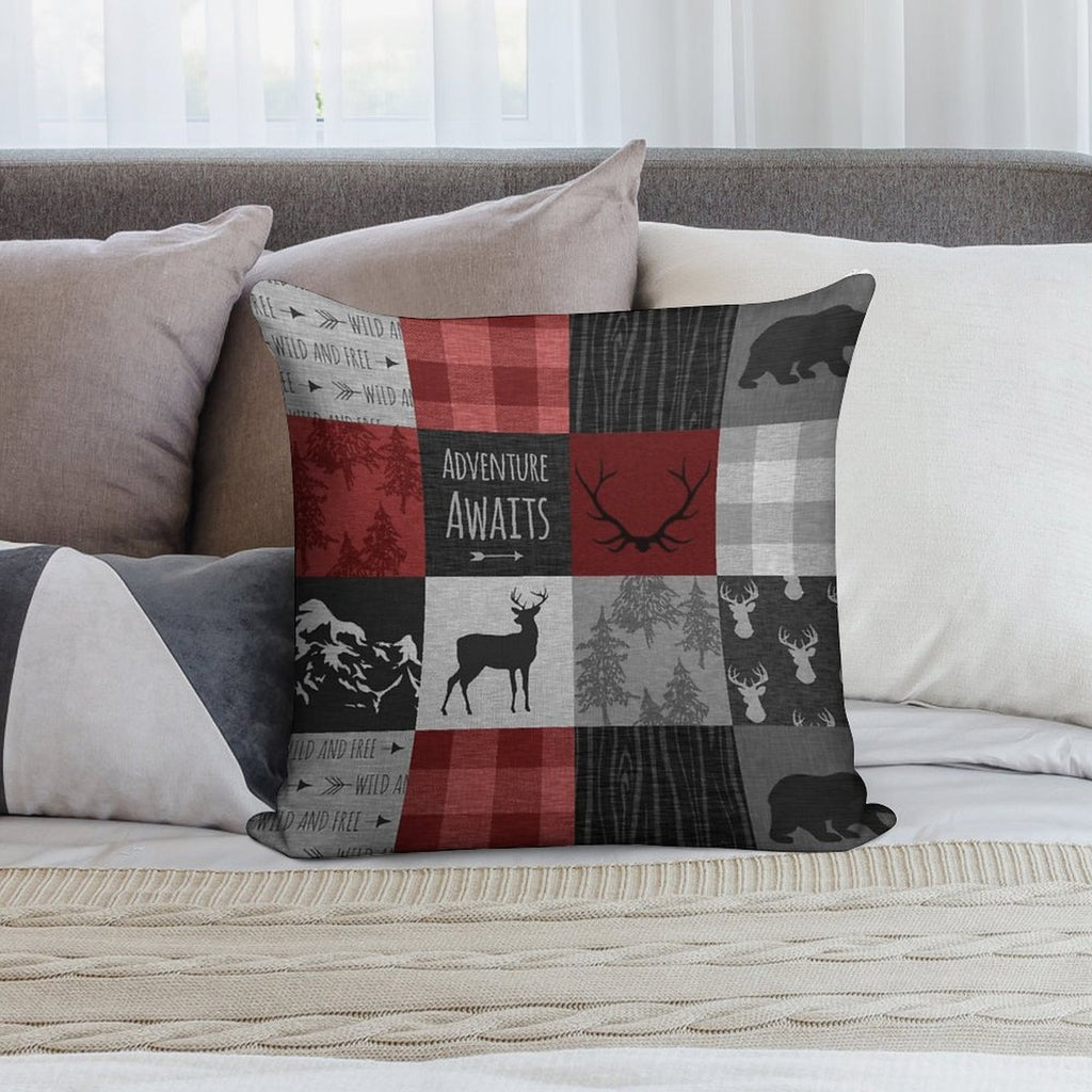 Adventure Awaits Patchwork - Red And Black Woodland Soft Fade-Resistant Throw Pillow