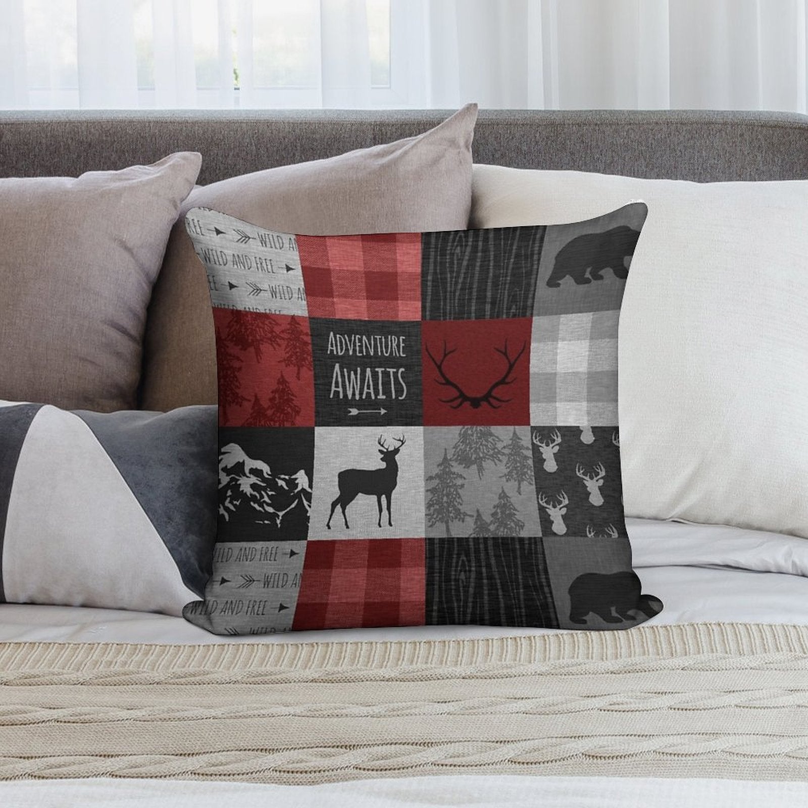 Adventure Awaits Patchwork - Red And Black Woodland Soft Fade-Resistant Throw Pillow