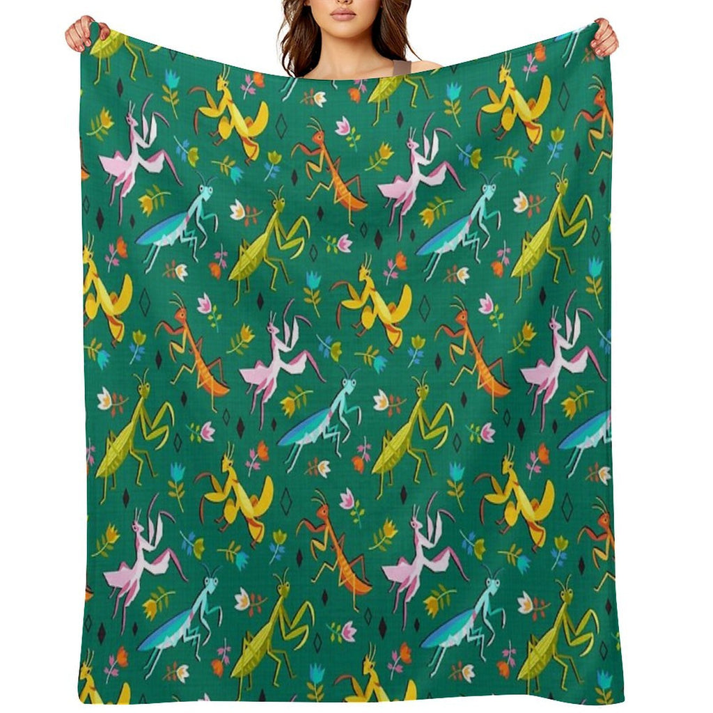 An Unordinary Array of Praying Mantises - Kelly Green Machine-washable Throw Blanket