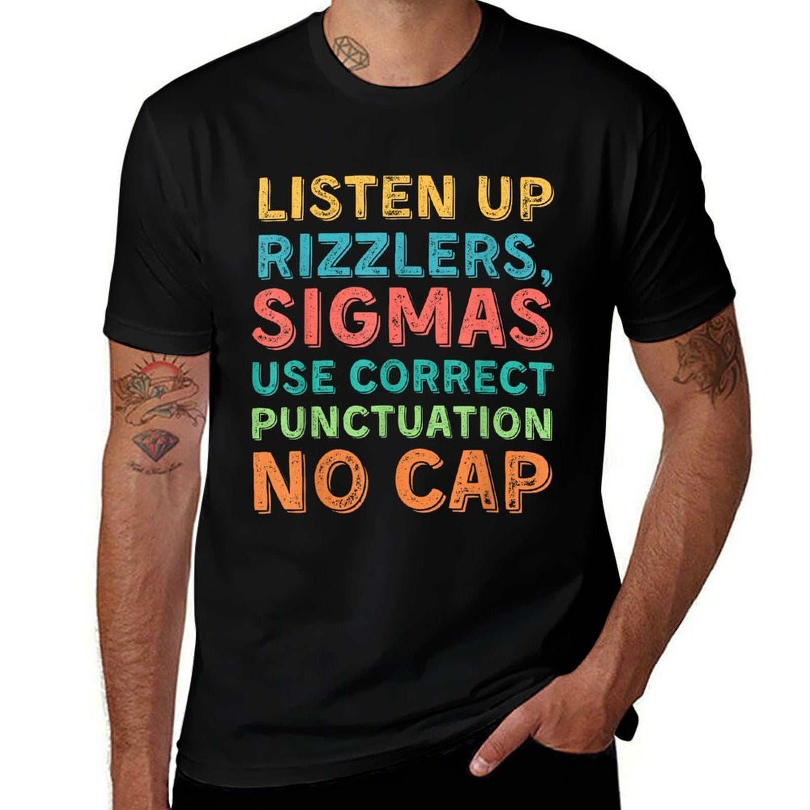 Funny Teacher English Use Punctuation - Listen Up Rizzlers  Graphic-printed T-Shirt