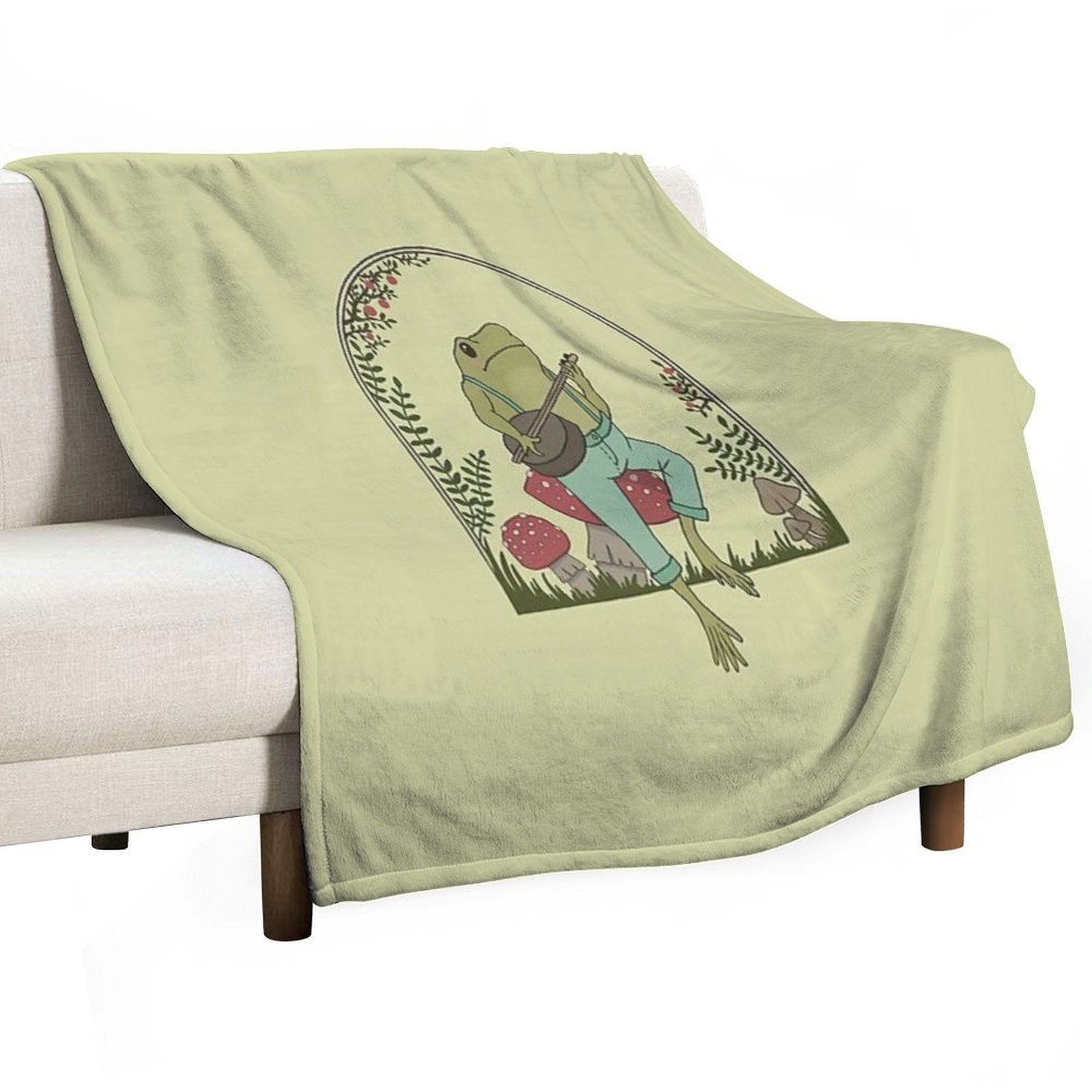 Cottagecore Aesthetic Frog Playing Banjo on Mushroom Cute Vintage Goblincore Farmer Toad in Garden, Emo Grunge Fairycore Plush Throw Blanket