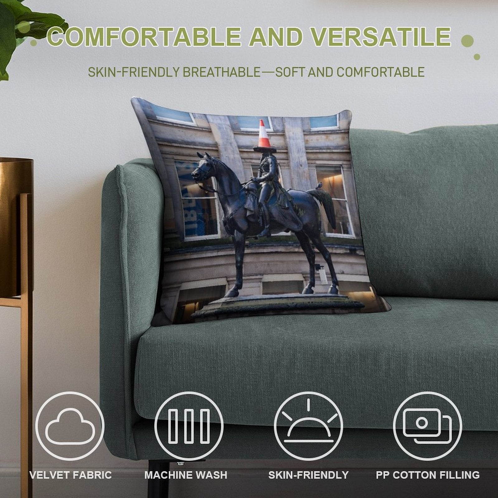 Duke of Wellington And Obligatory Cone in Glasgow Soft Gift Ready Throw Pillow