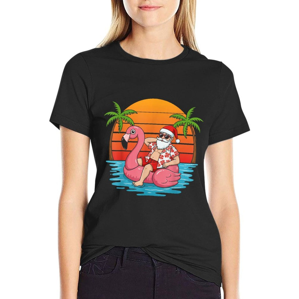 Funny Christmas in July Flamingo Santa  Tagless Design T-Shirt