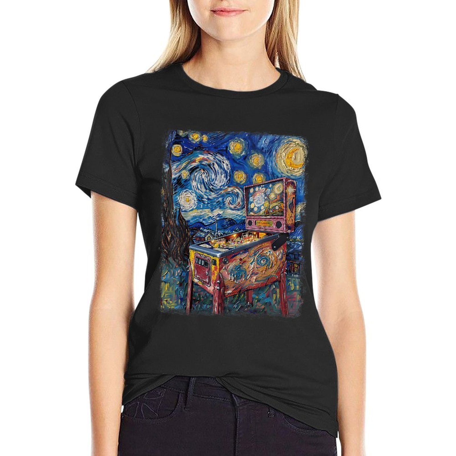 Pinball Arcade Game Machine Starry Night Painting  Ribbed Collar T-Shirt