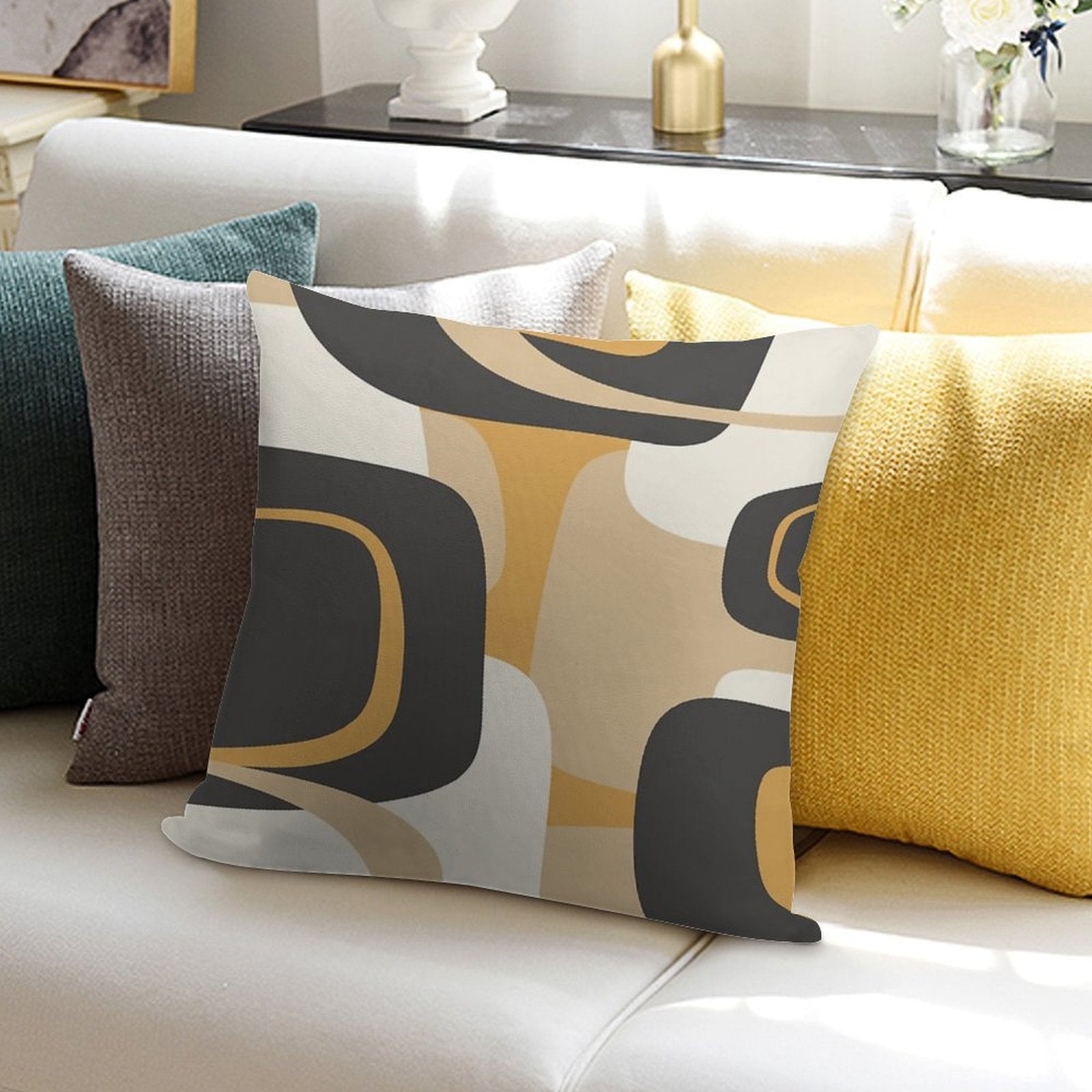 Mid Century Modern Retro Abstract Pattern Muted Charcoal And Ochre Beige Soft Bedroom Essential Throw Pillow