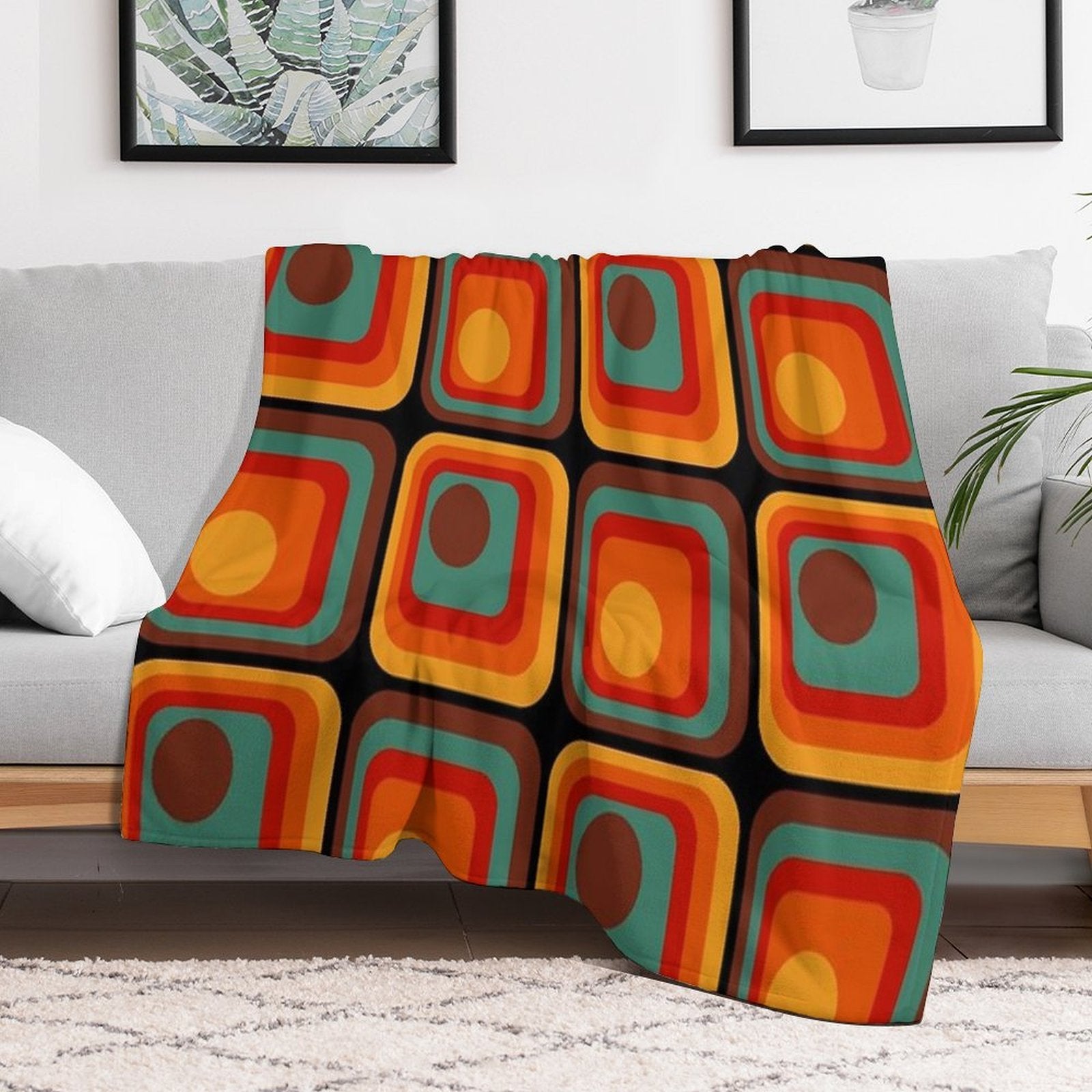 Retro Geometric Gradient Square And Circle Pattern 222 Anti-pilling Throw Blanket