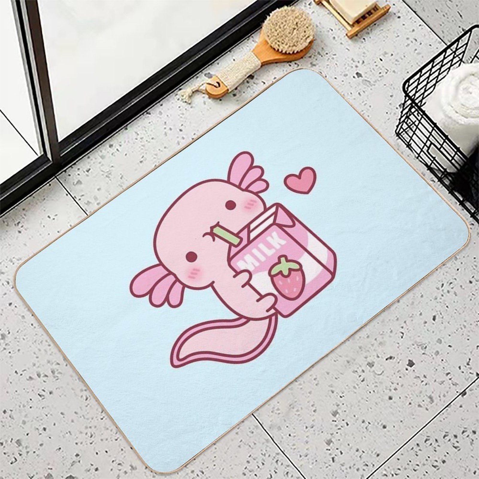 Cute Pink Axolotl Loves Strawberry Milk  Toxin-Free Bath Mat