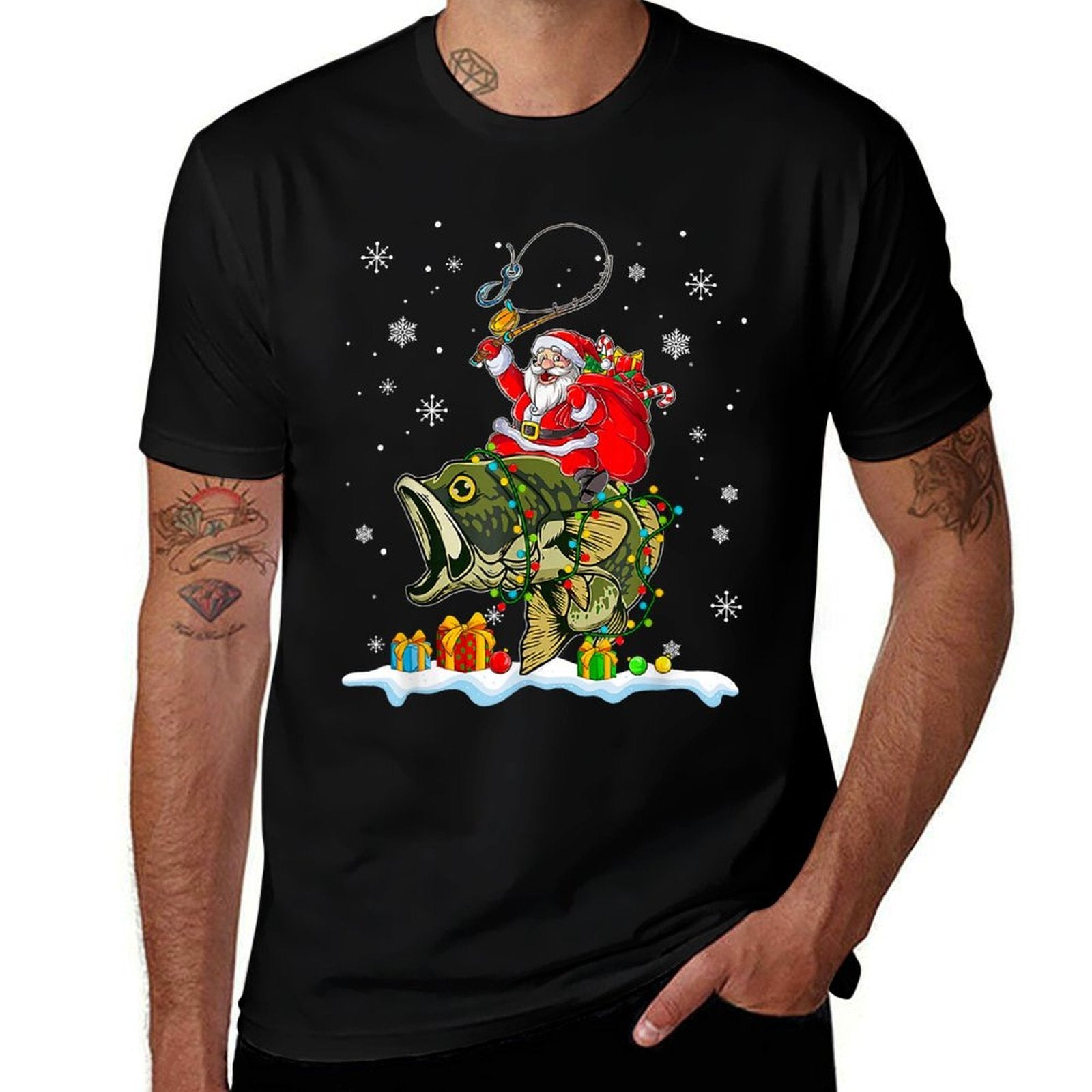 Christmas Bass Fishing Funny Santa Riding Fish Fishermen PJ  Relaxed-fit T-Shirt