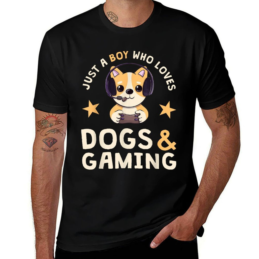 Just A Boy Who Loves Dogs And Gaming Cute Gamer Dog  Trendy Pattern T-Shirt