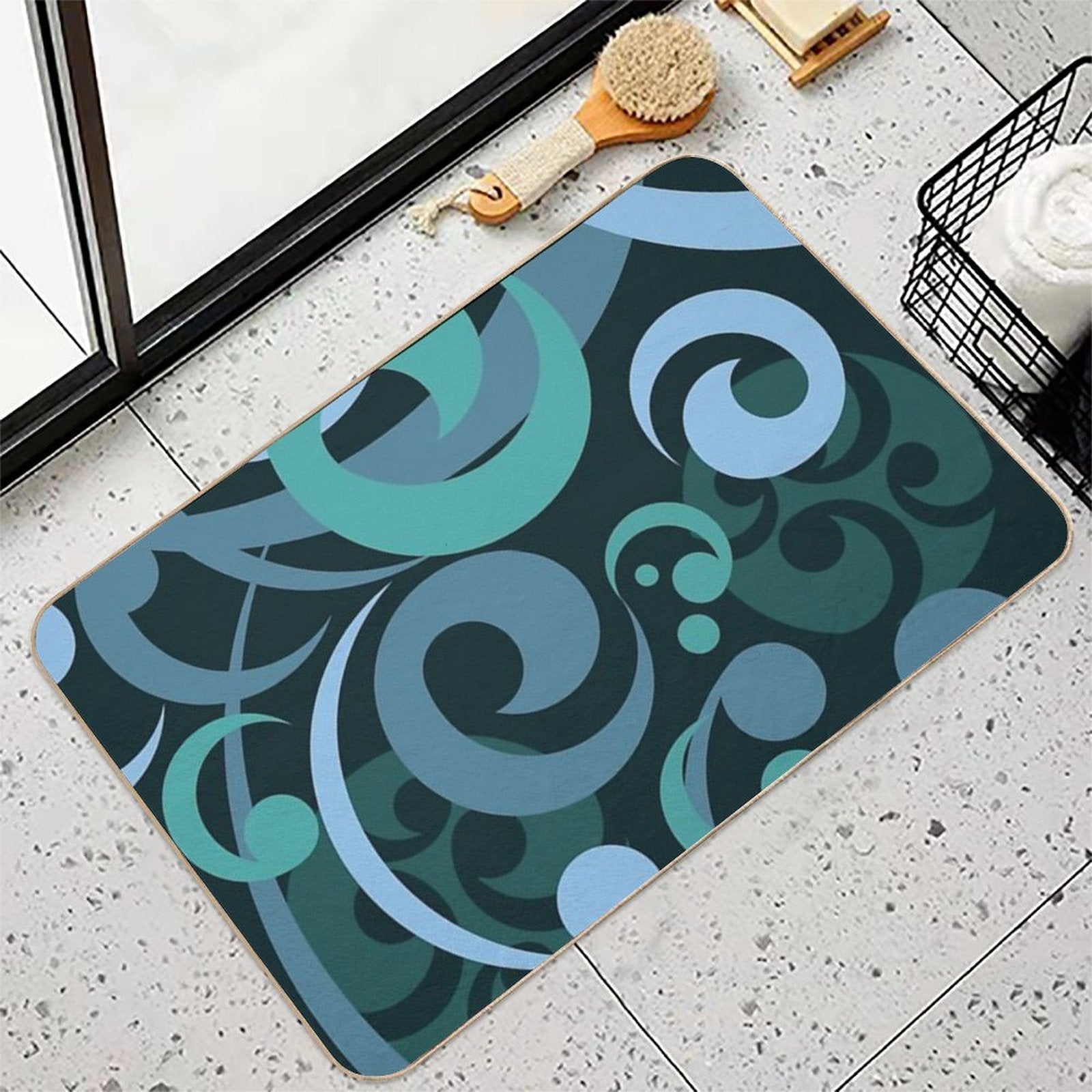 Koru Waves on Black Background  Odorless Bath Mat