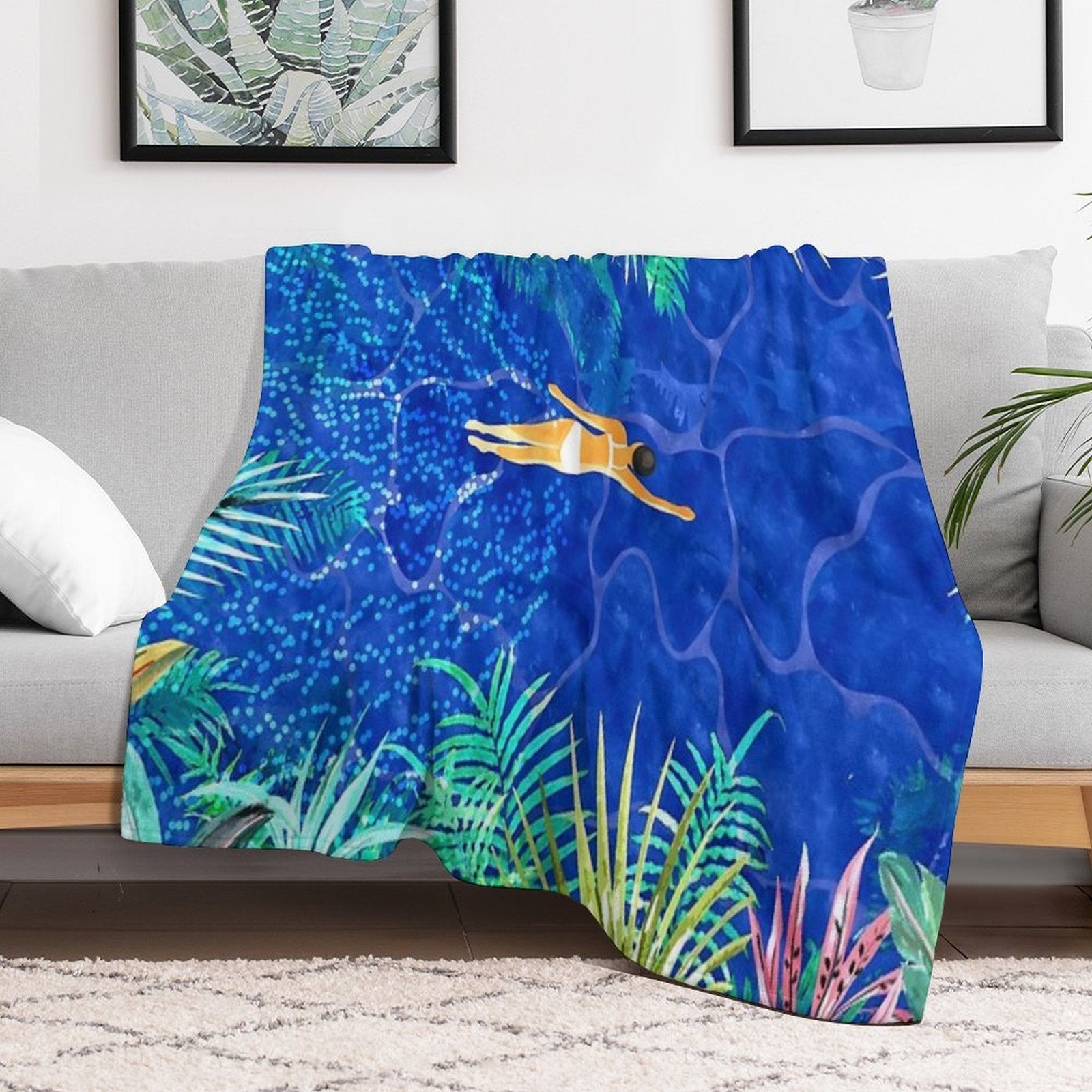 Tropical Jungle Pool  Forest Pop of Color Botanical  Travel Wild Plants Eclectic Watercolor Swim Sustainable Throw Blanket