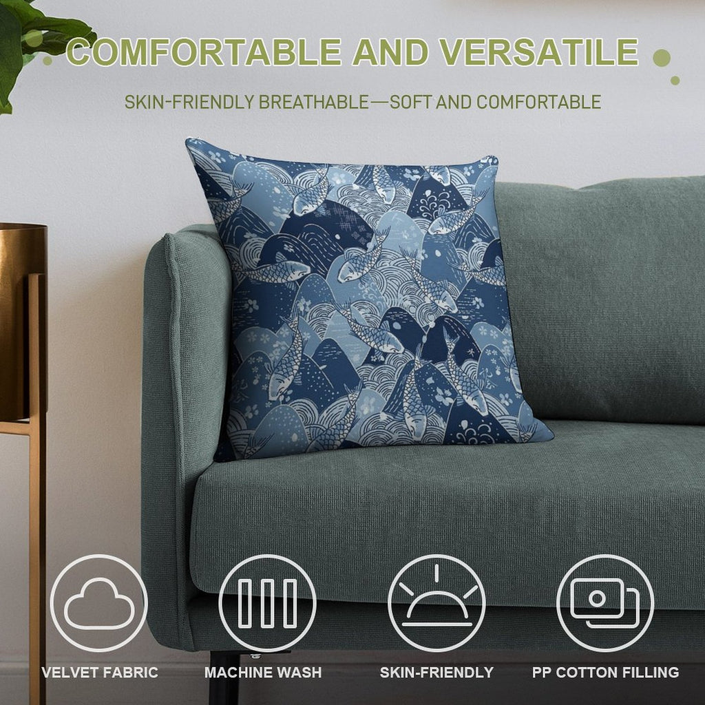 Japanese Koi Mountain Pattern Soft Durable Construction Throw Pillow