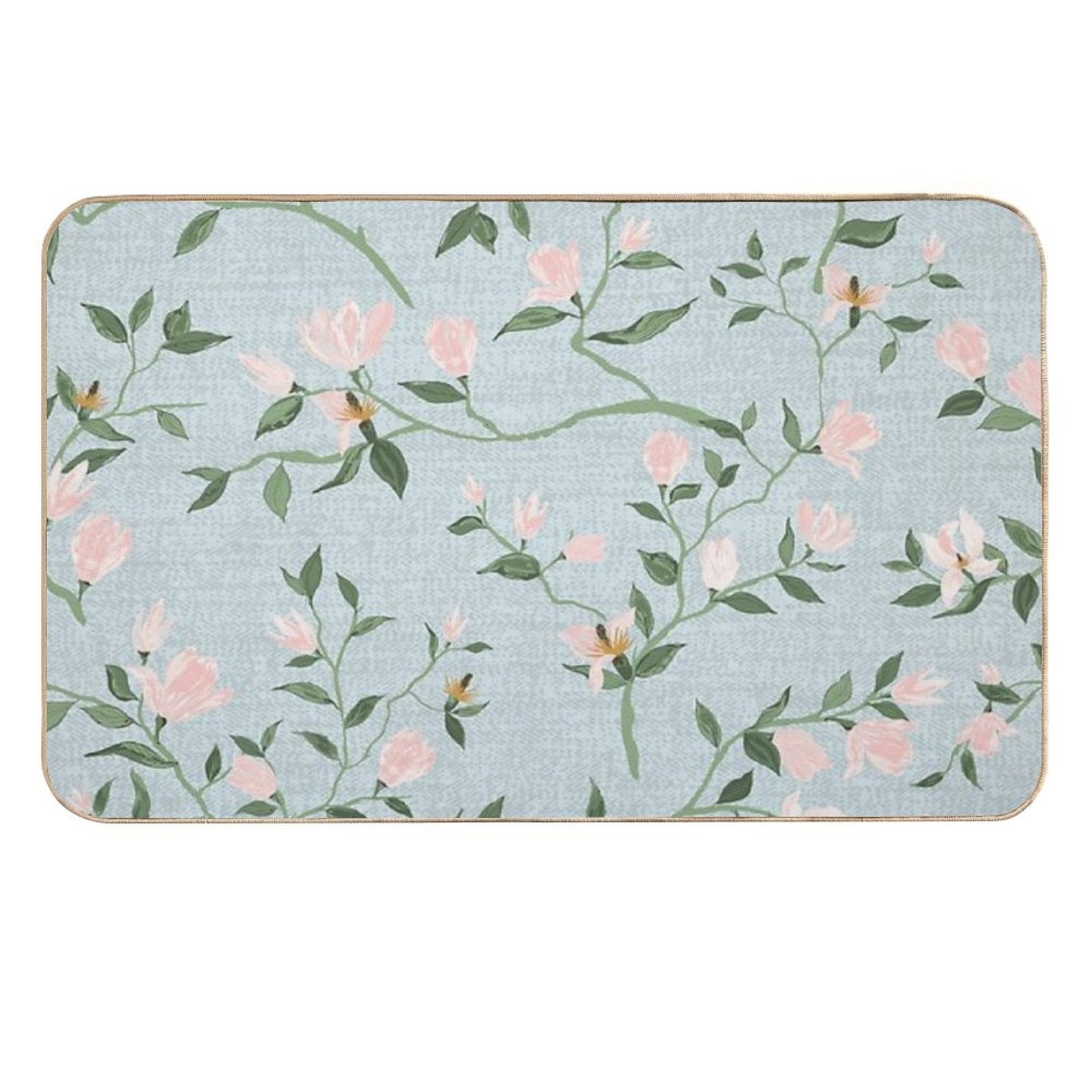 Magnolias Watercolor Asian Inspired Pastel Pink Mint  High-Traffic Bath Mat