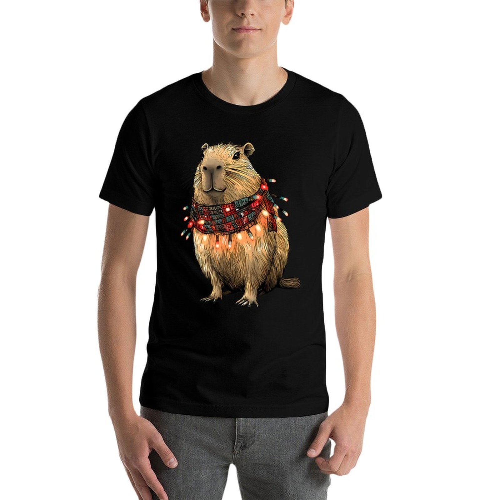 Capybara Christmas Lights  Rolled Sleeves T-Shirt