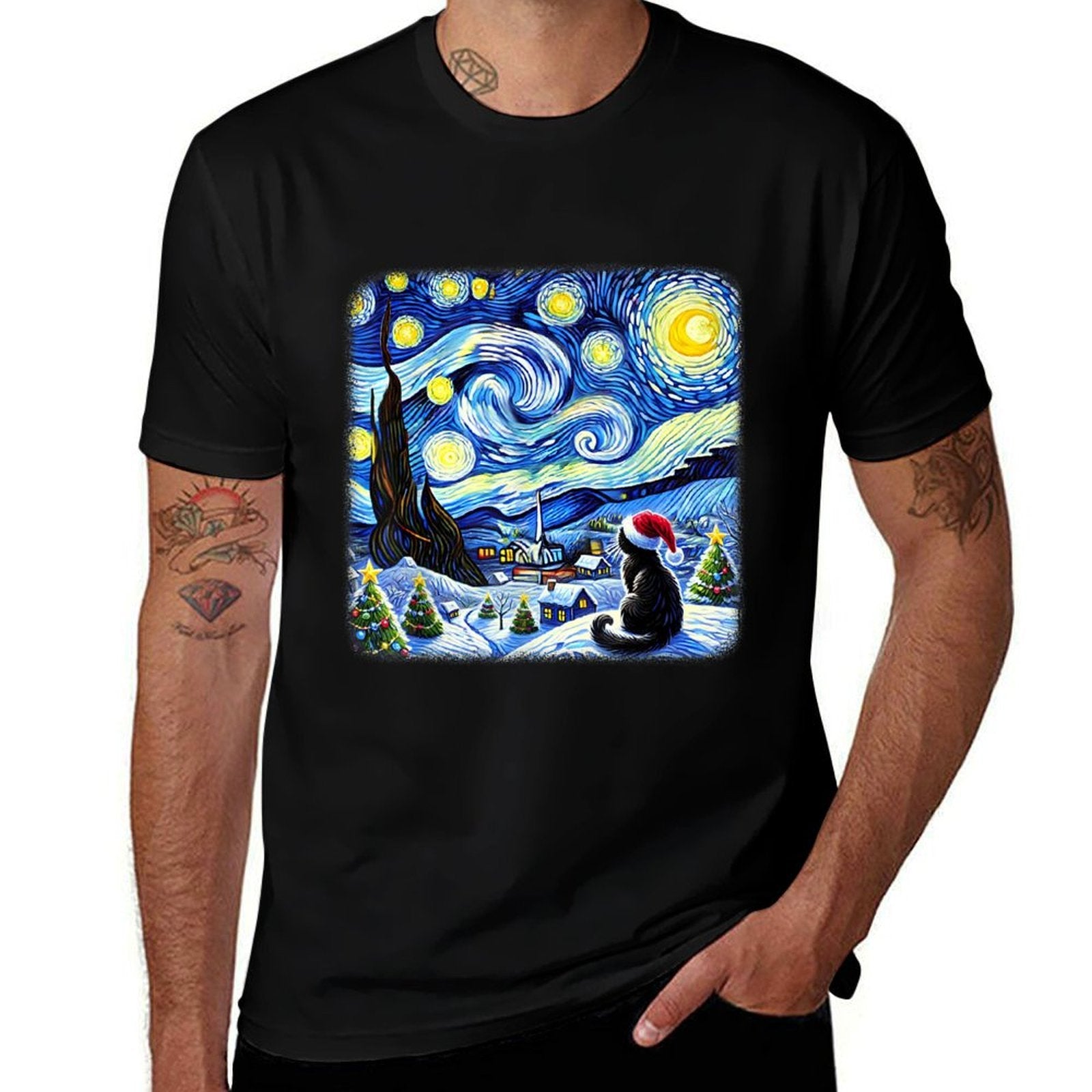 Christmas Van Gogh Starry Night Black Cat Santa Hat Xmas  Classic T-Shirt