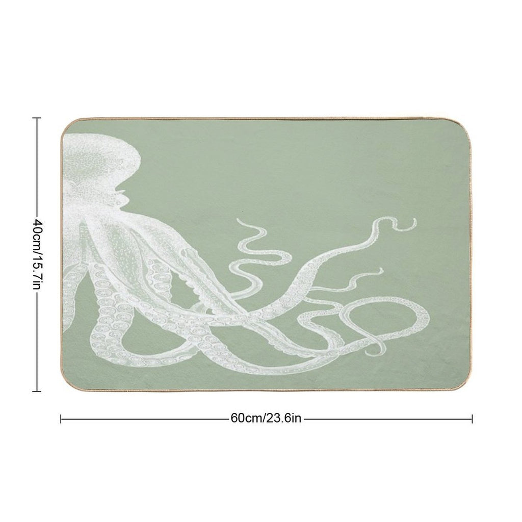 Half Octopus  Right Side  Vintage Octopus  Tentacles  Sea Creatures  Nautical  Ocean  Sea  Beach  Diptych  Sage Green  Stain-Proof Bath Mat