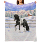 Black Pinto Piebald Gypsy Vanner Draft Horse In Snow Easy Care Throw Blanket