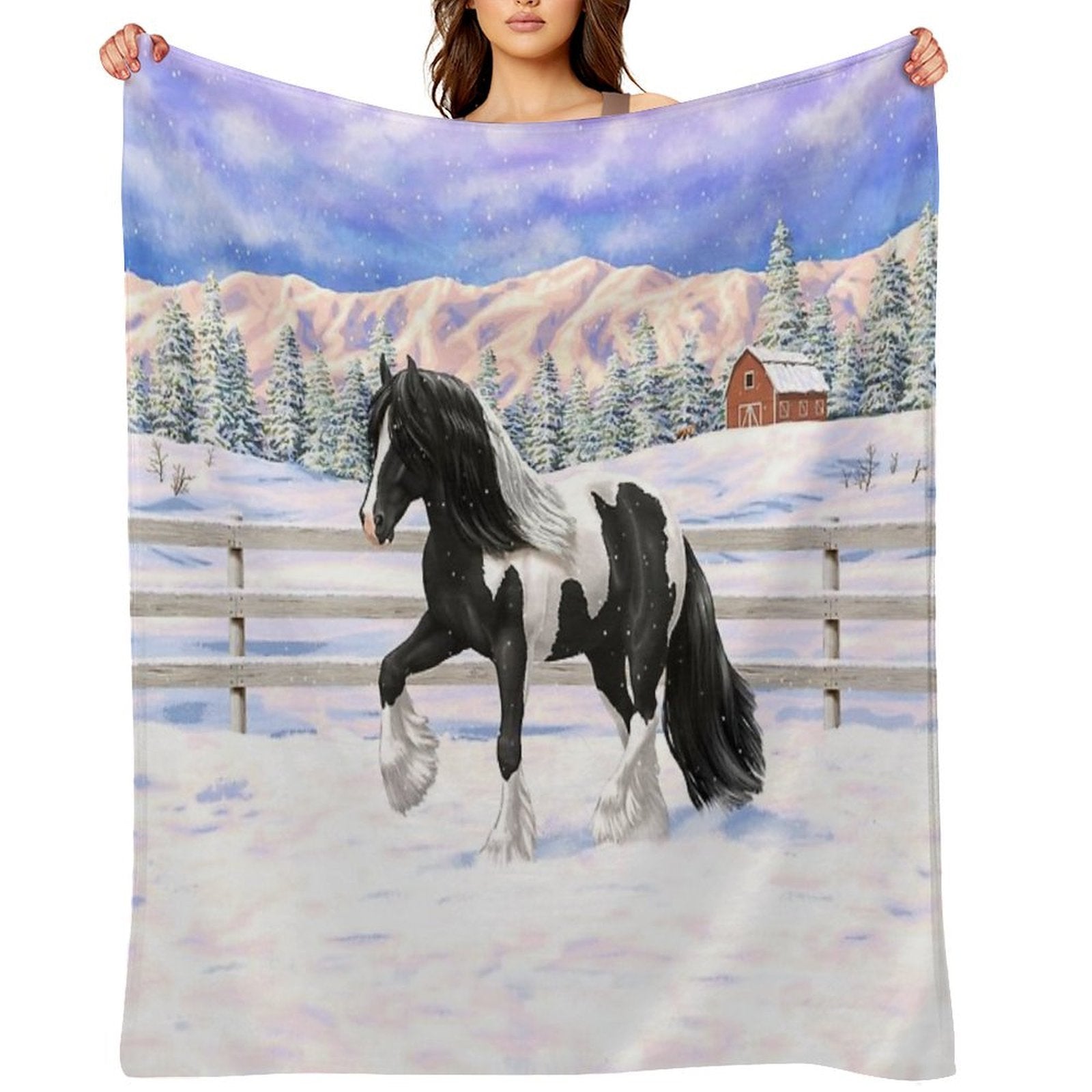 Black Pinto Piebald Gypsy Vanner Draft Horse In Snow Easy Care Throw Blanket